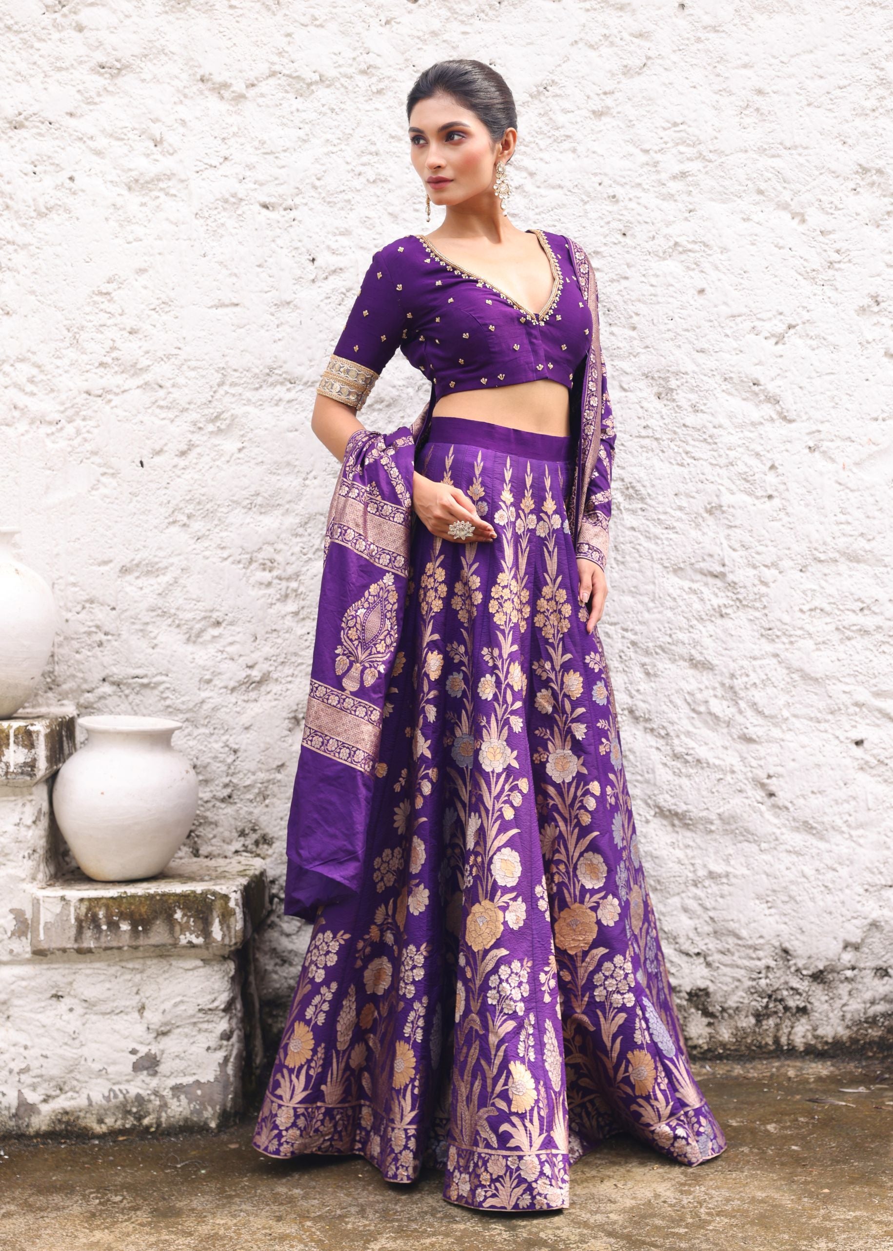 Pure Silk Purple Banarasi Bridal Lehenga With Embroidered Choli side