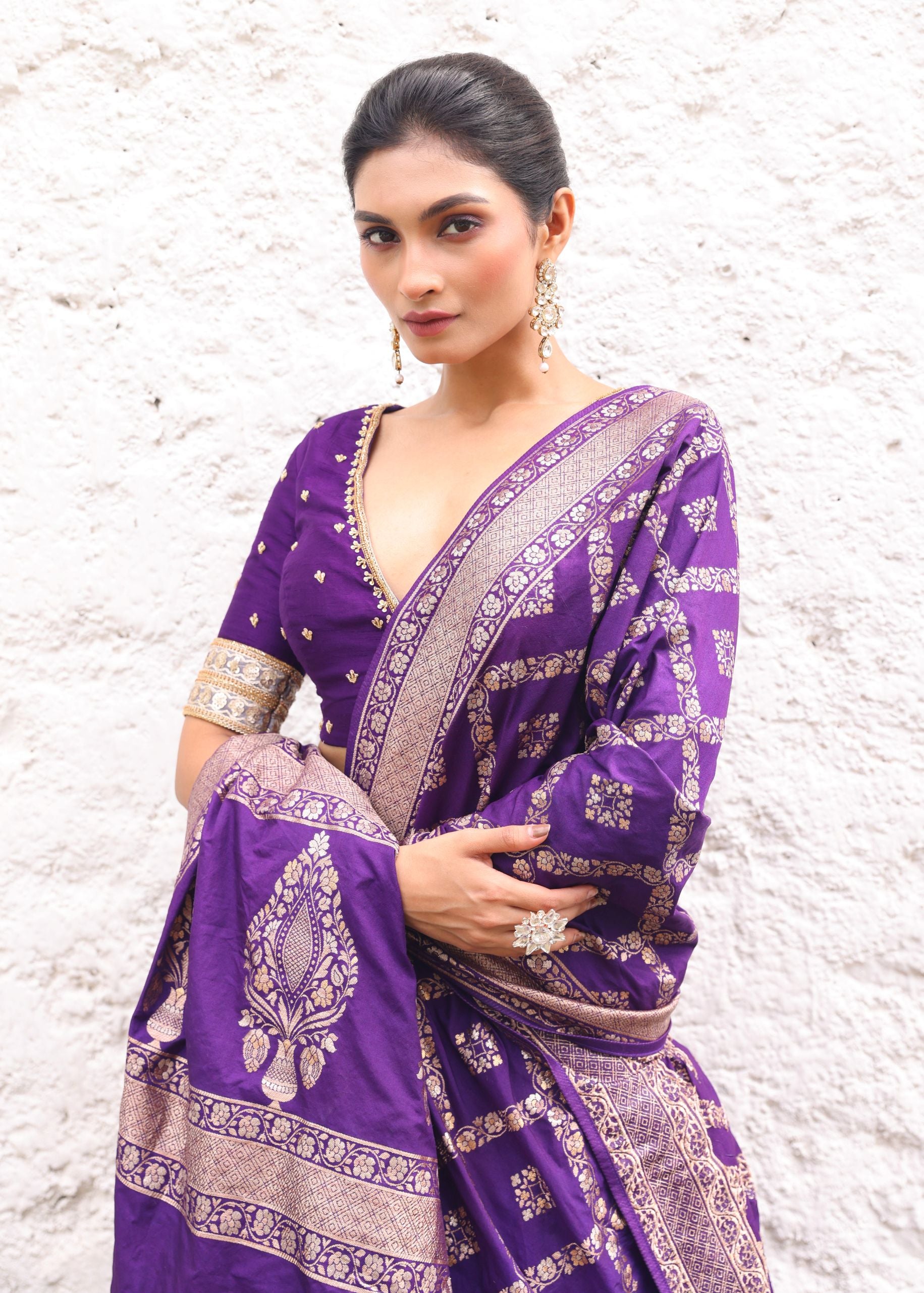 Pure Silk Purple Banarasi Bridal Lehenga With Embroidered Choli close up