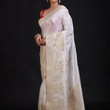 Pure White Banarasi Handloom Saree Front 
