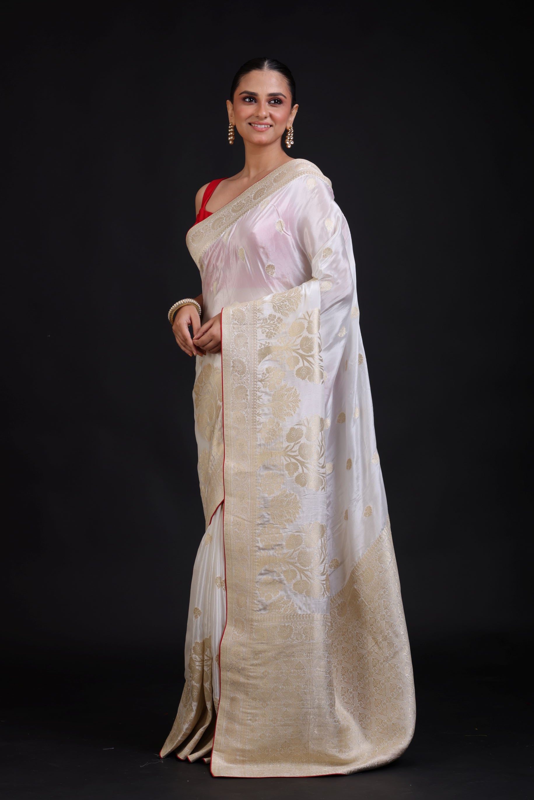 Pure White Banarasi Handloom Saree Front 
