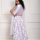 Pure White Georgette Lehenga Set with Multicolor Embroidered Mirror Work - Back side