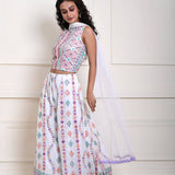 Pure White Georgette Lehenga — close-up of multicolor embroidered mirror work on skirt