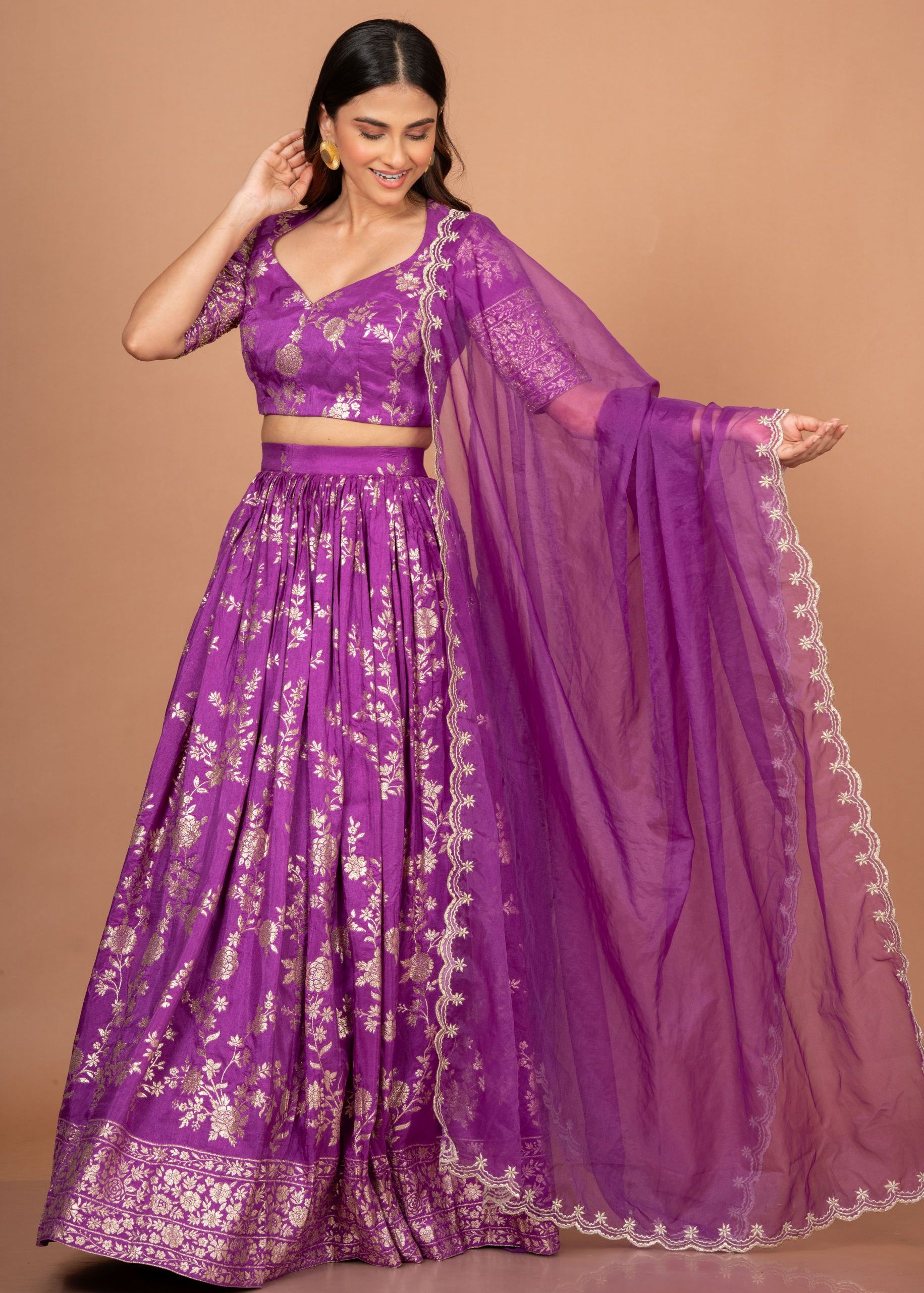Purple Banarasi Lehenga Set Front
