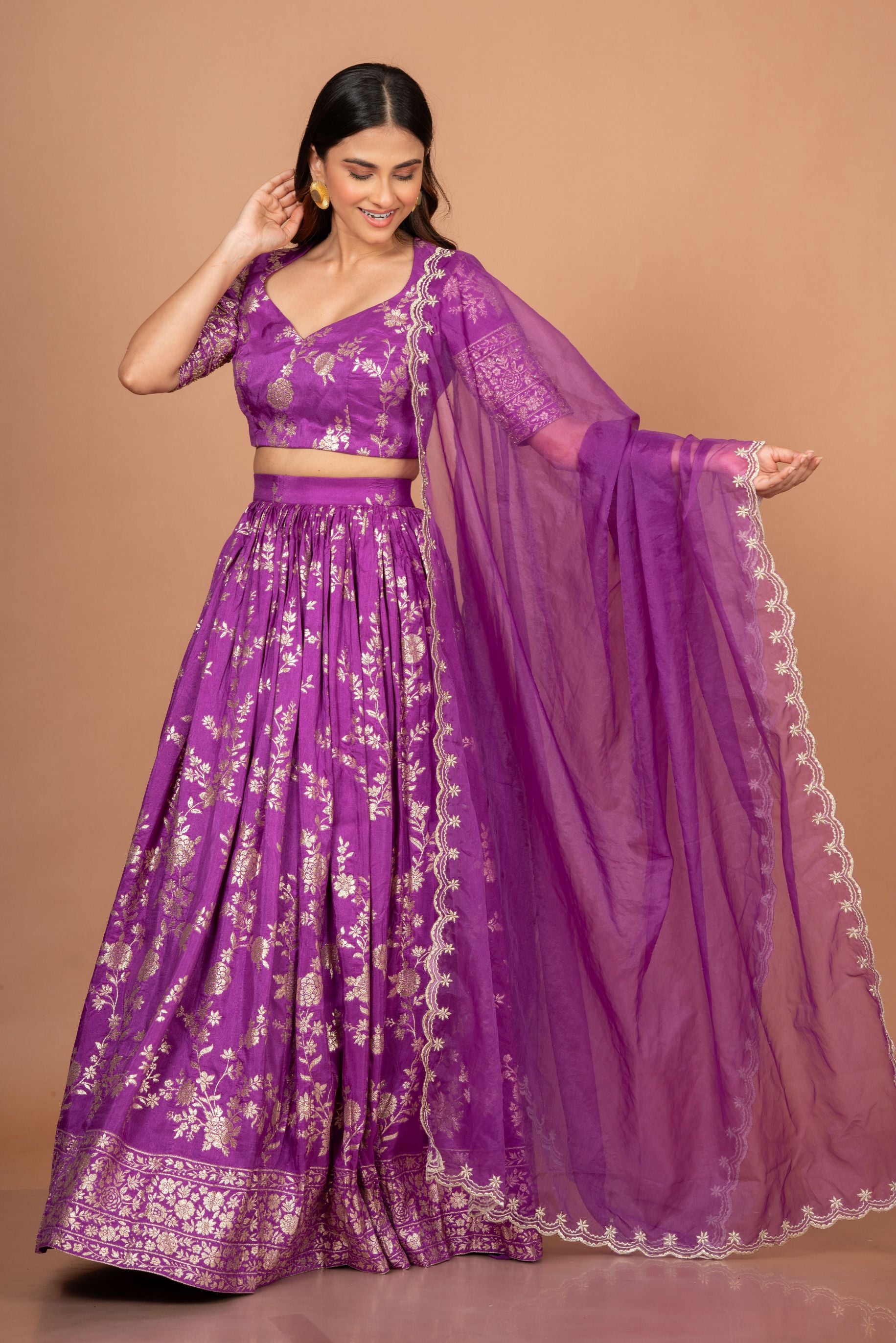 Purple Banarasi Lehenga Set Front
