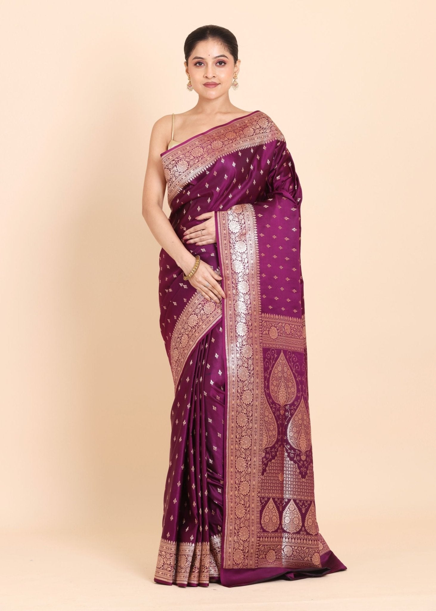 Purple Banarasi Silk Saree With allover small bootas with Rich Border and Pallu - Anvi Couture