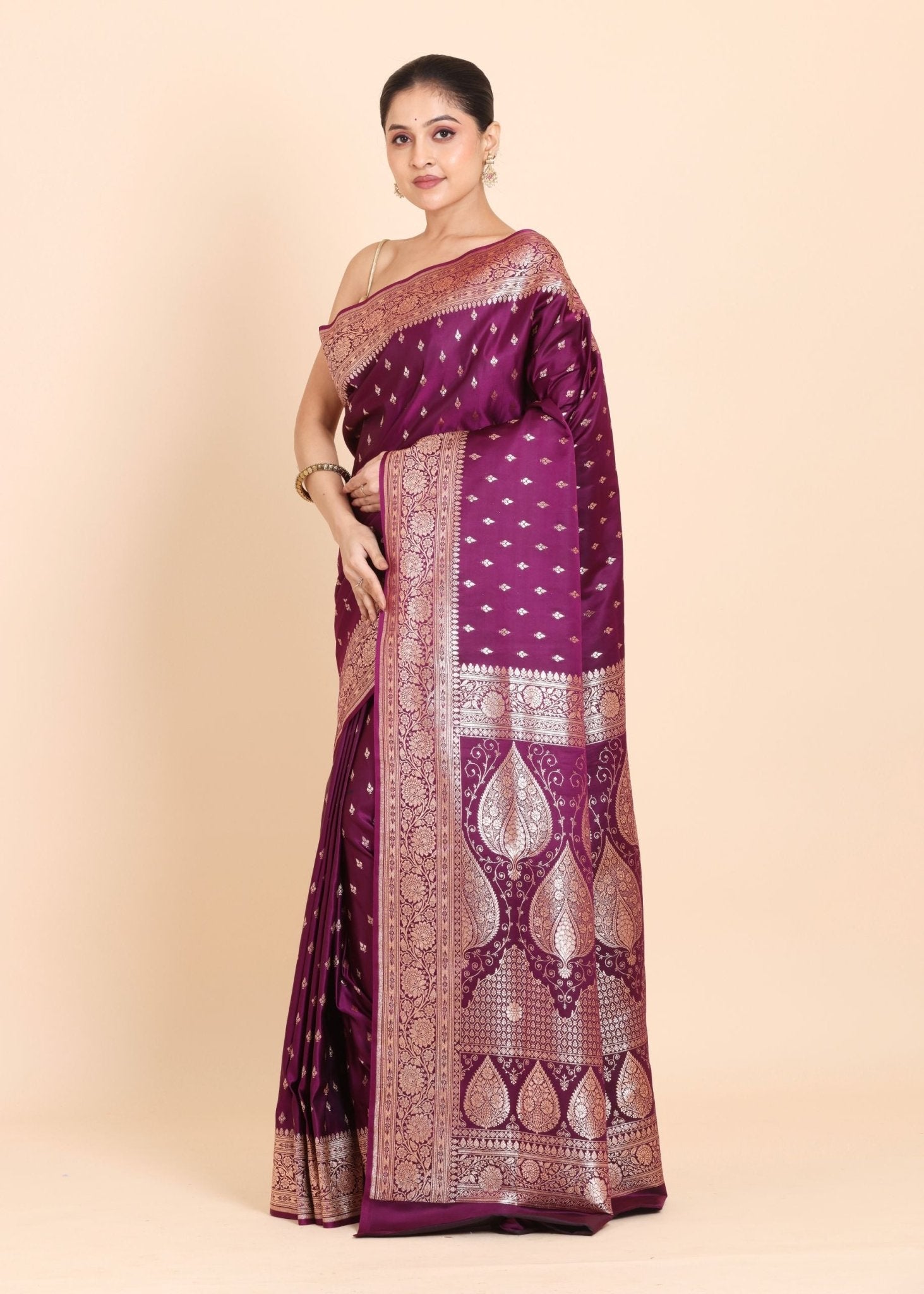 Purple Banarasi Silk Saree With allover small bootas with Rich Border and Pallu - Anvi Couture