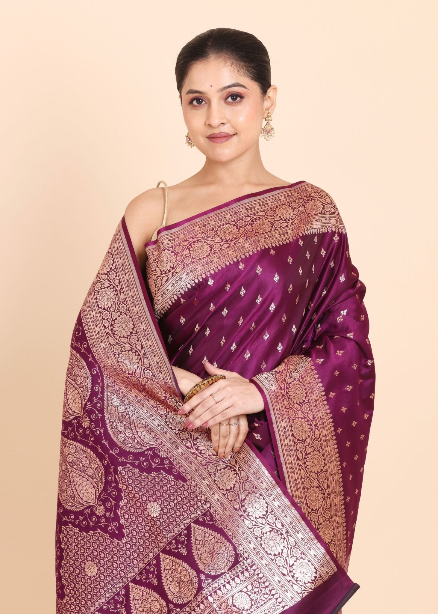 Purple Banarasi Silk Saree With allover small bootas with Rich Border and Pallu - Anvi Couture