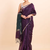 Purple Chanderi Silk Saree With Green Pallu full