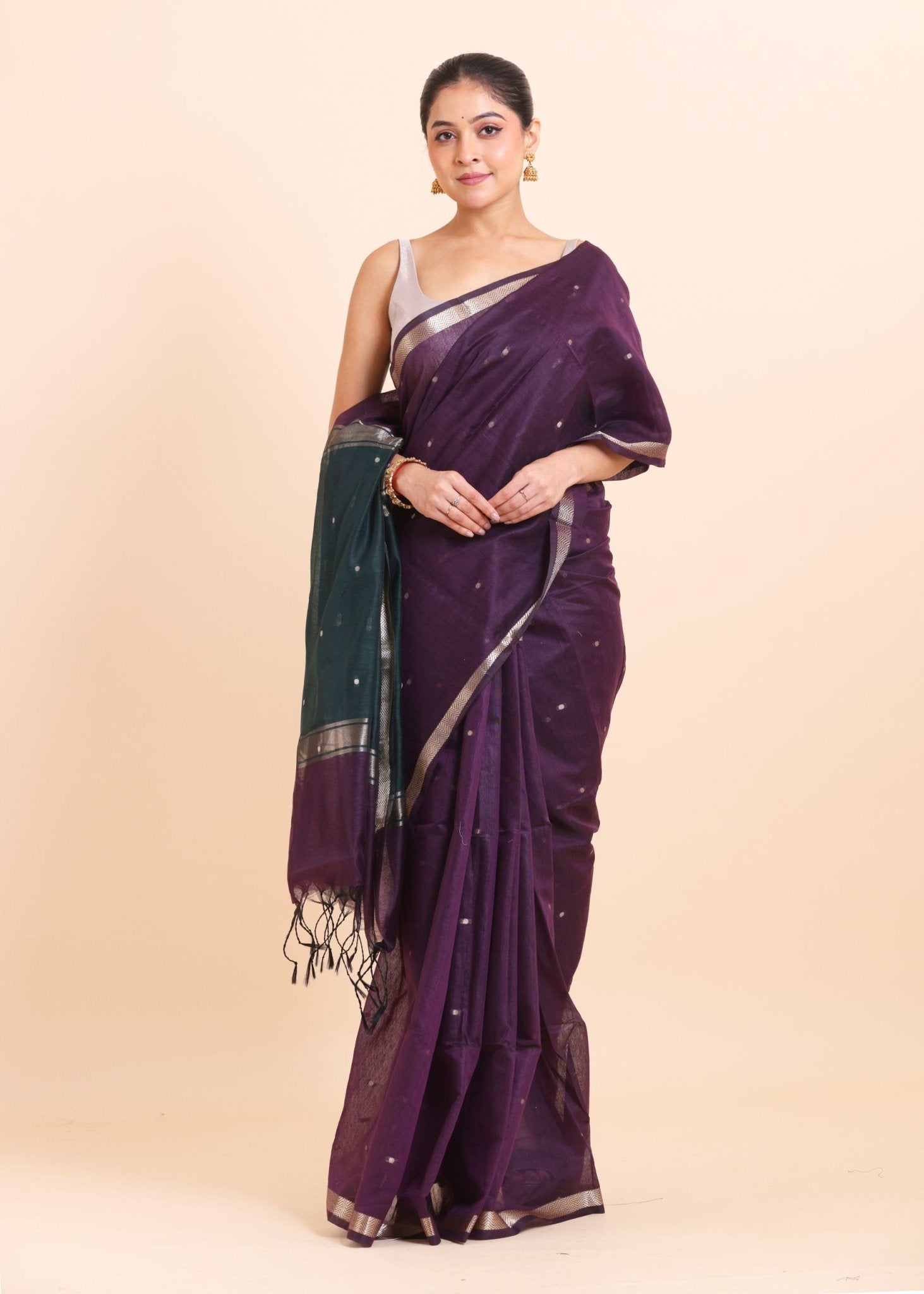 Purple Chanderi Silk Saree With Green Pallu - Anvi Couture