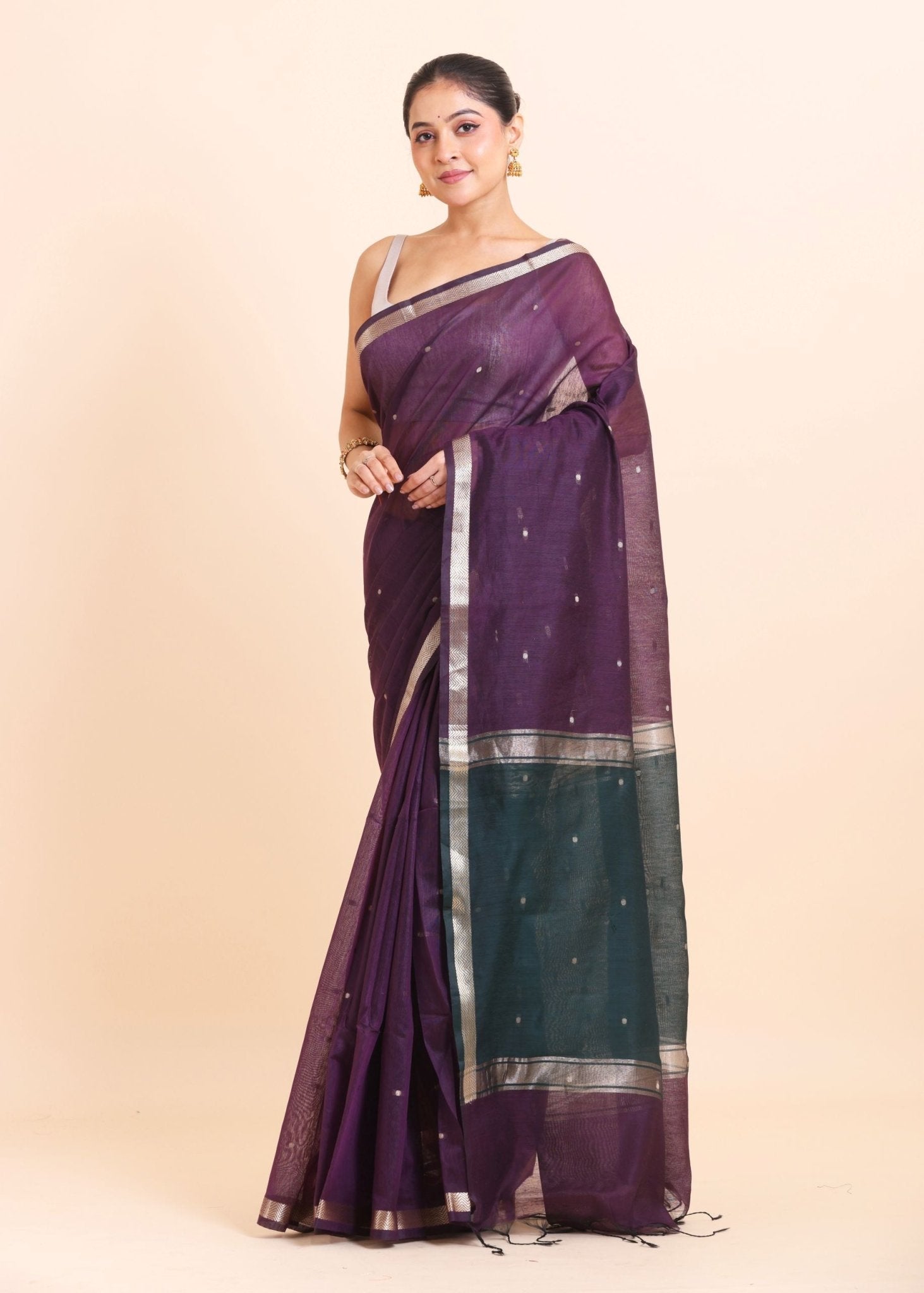 Purple Chanderi Silk Saree With Green Pallu - Anvi Couture