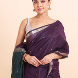 Purple Chanderi Silk Saree With Green Pallu close up