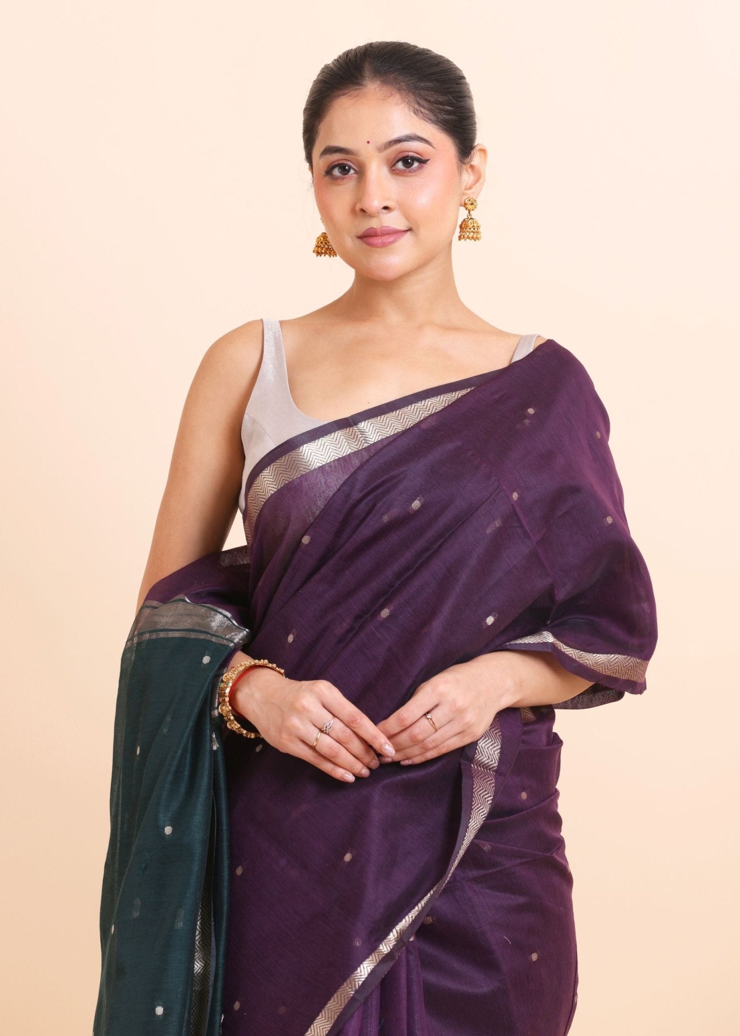 Purple Chanderi Silk Saree With Green Pallu - Anvi Couture
