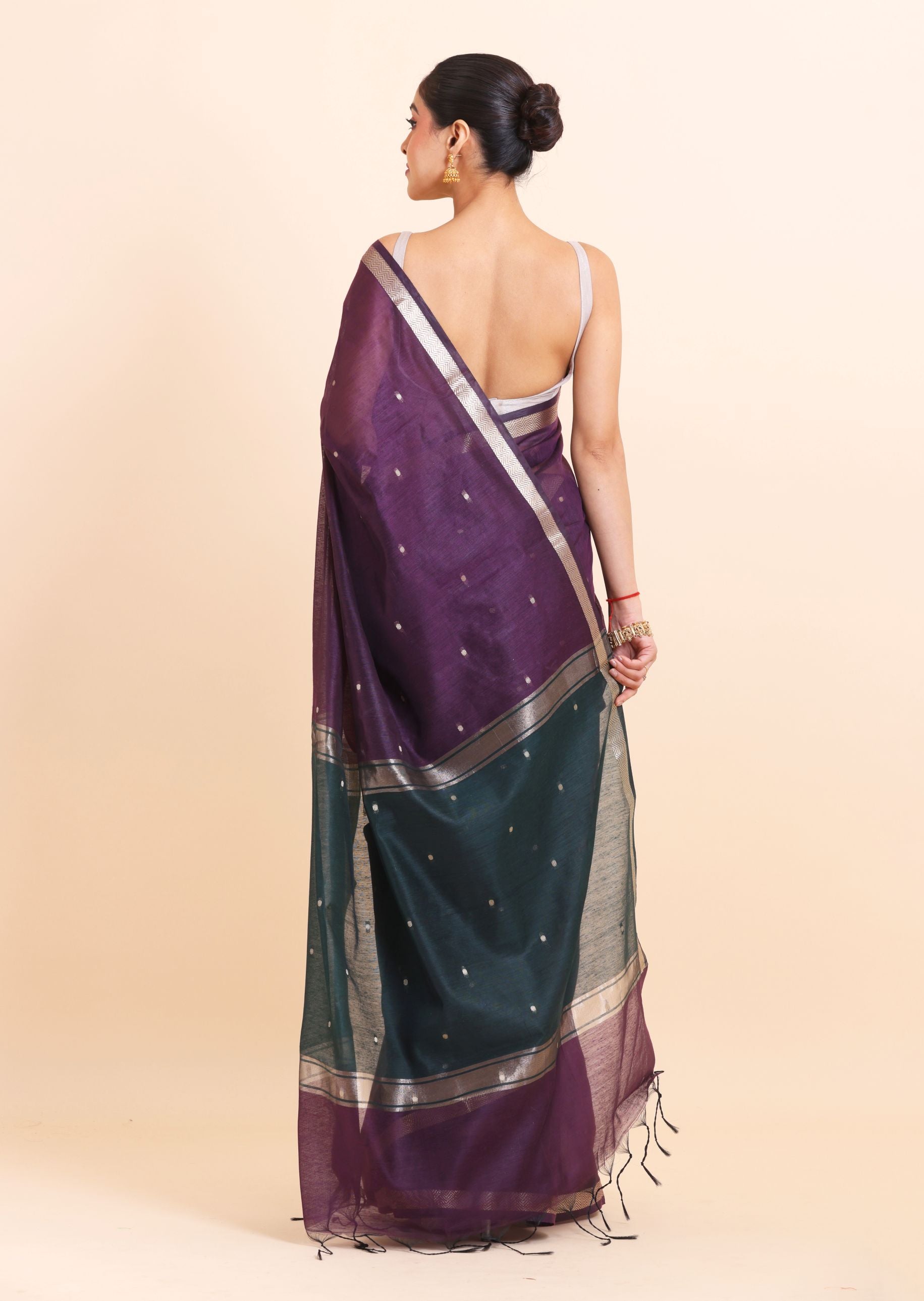Purple Chanderi Silk Saree With Green Pallu back