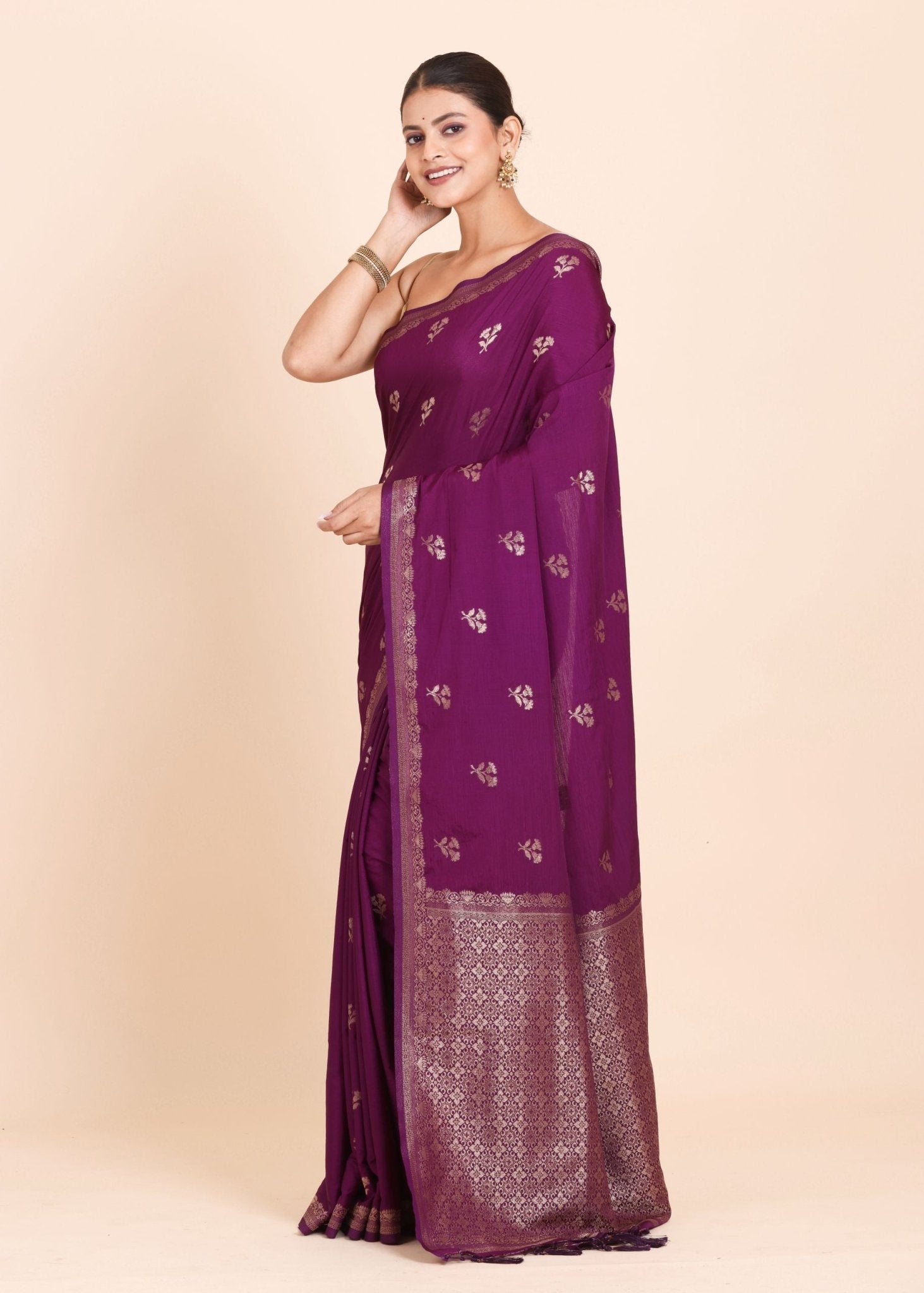 Purple Chanderi Silk Saree with Golden floral Weaving - Anvi Couture