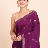Purple Chanderi Silk Saree with Golden floral Weaving - Anvi Couture