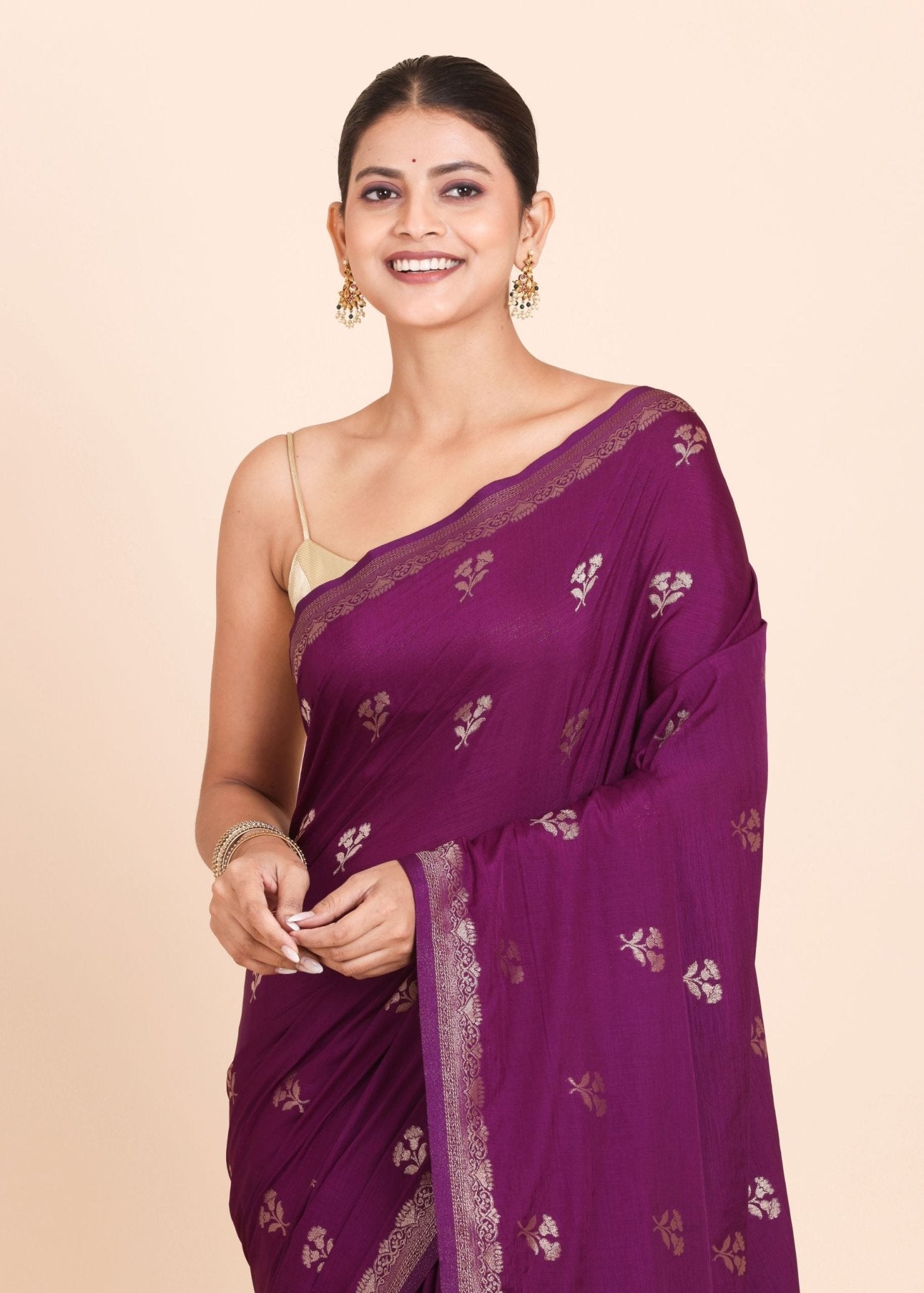 Purple Chanderi Silk Saree with Golden floral Weaving - Anvi Couture