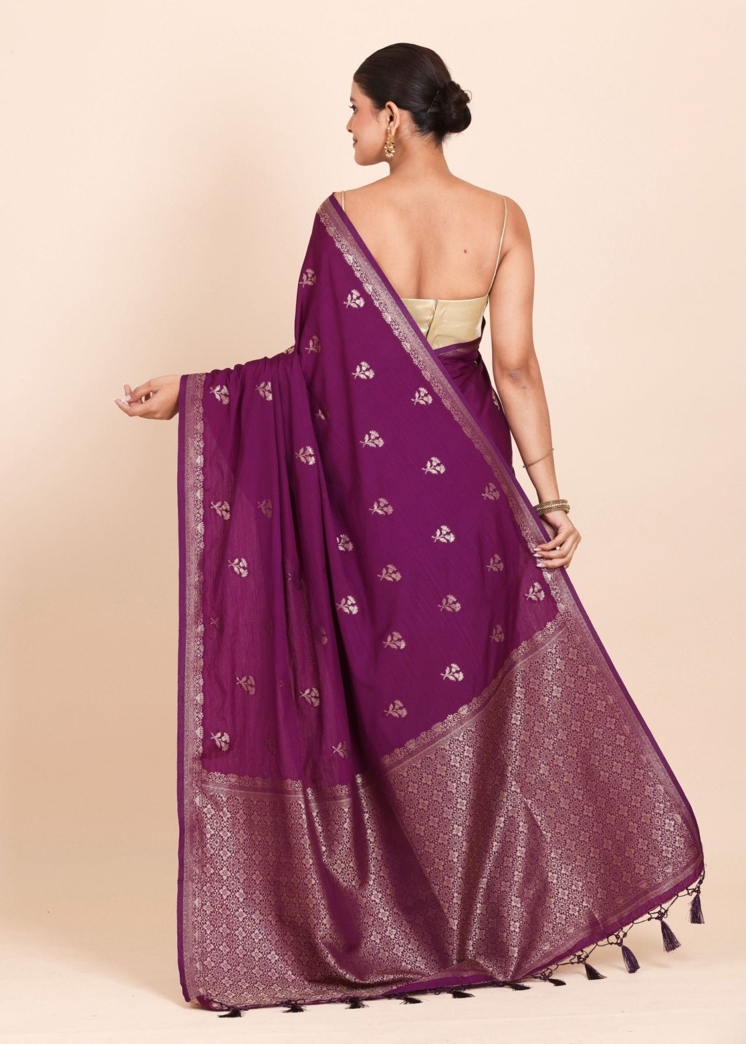 Purple Chanderi Silk Saree with Golden floral Weaving - Anvi Couture