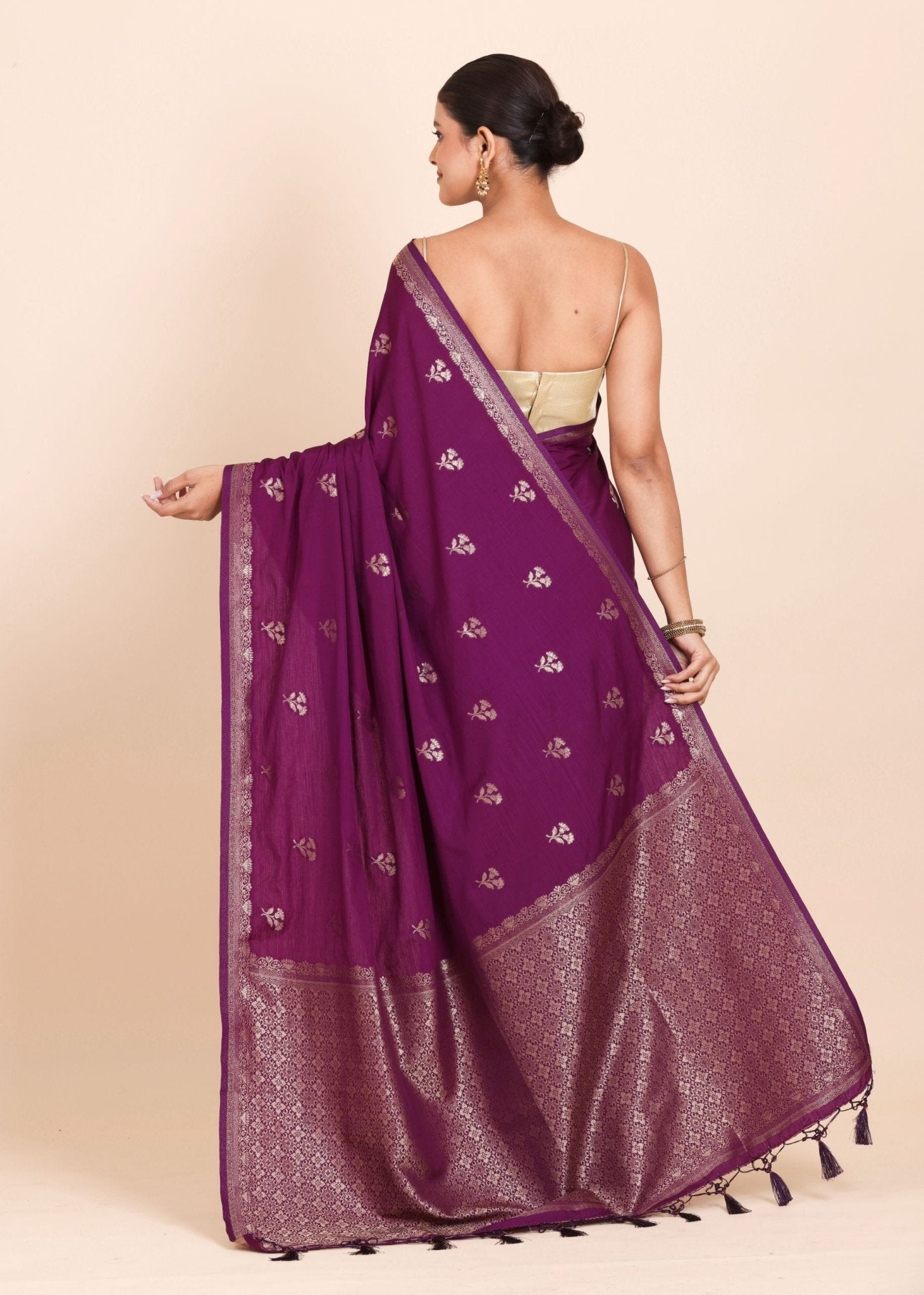 Purple Chanderi Silk Saree with Golden floral Weaving - Anvi Couture