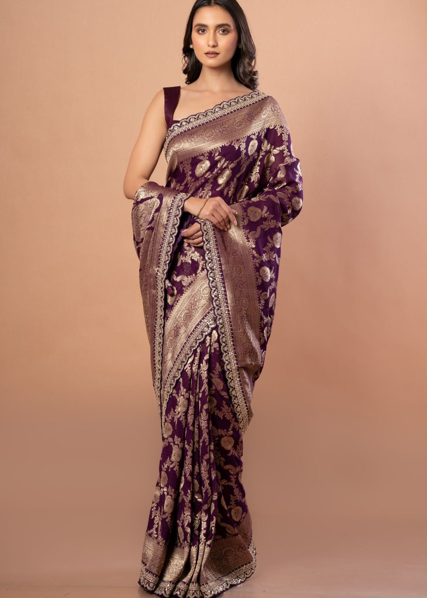 Purple Colour Khaddi Georgette Banarasi with Embroidered Border - Anvi Couture