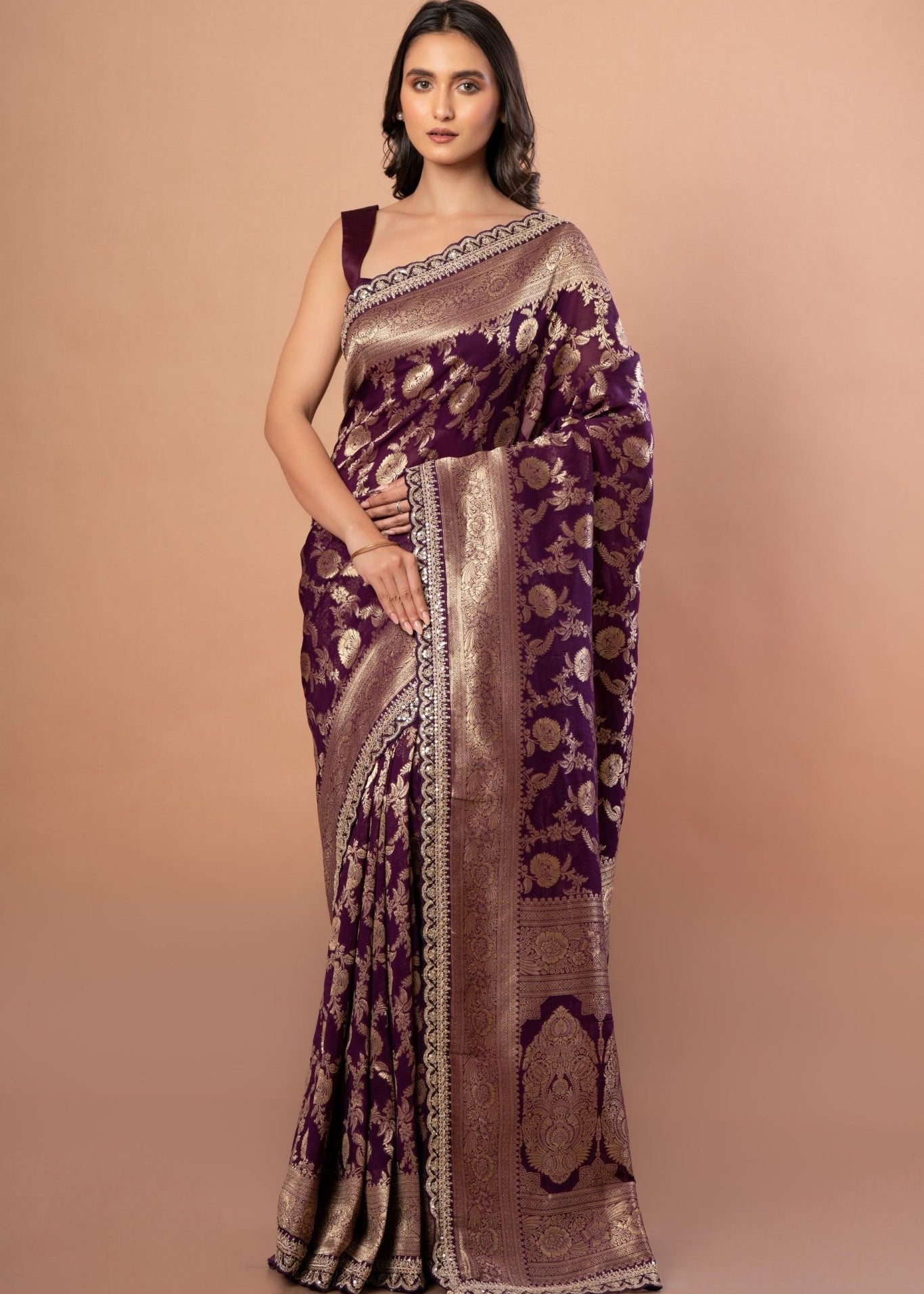 Purple Colour Khaddi Georgette Banarasi with Embroidered Border - Anvi Couture