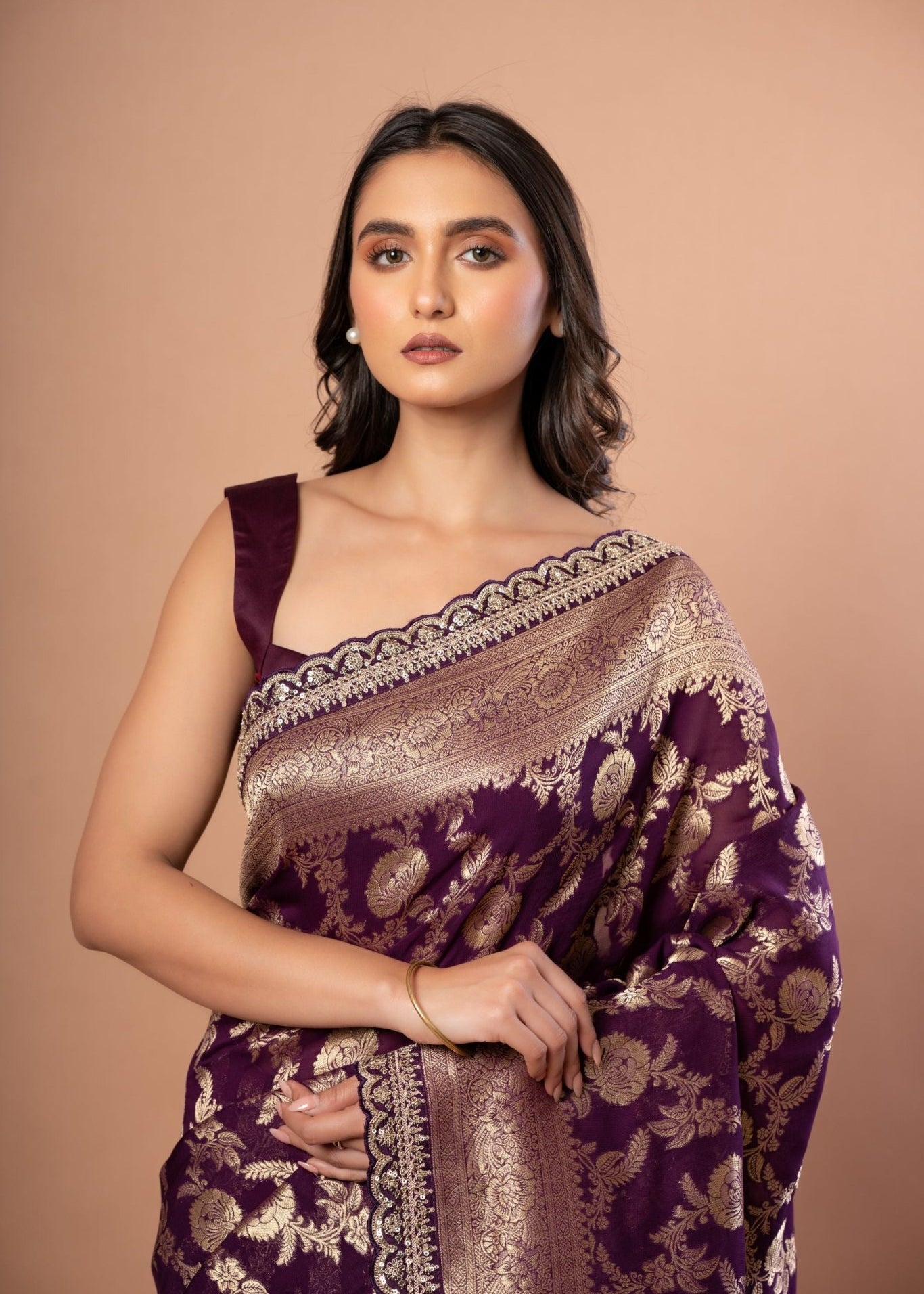Purple Colour Khaddi Georgette Banarasi with Embroidered Border - Anvi Couture