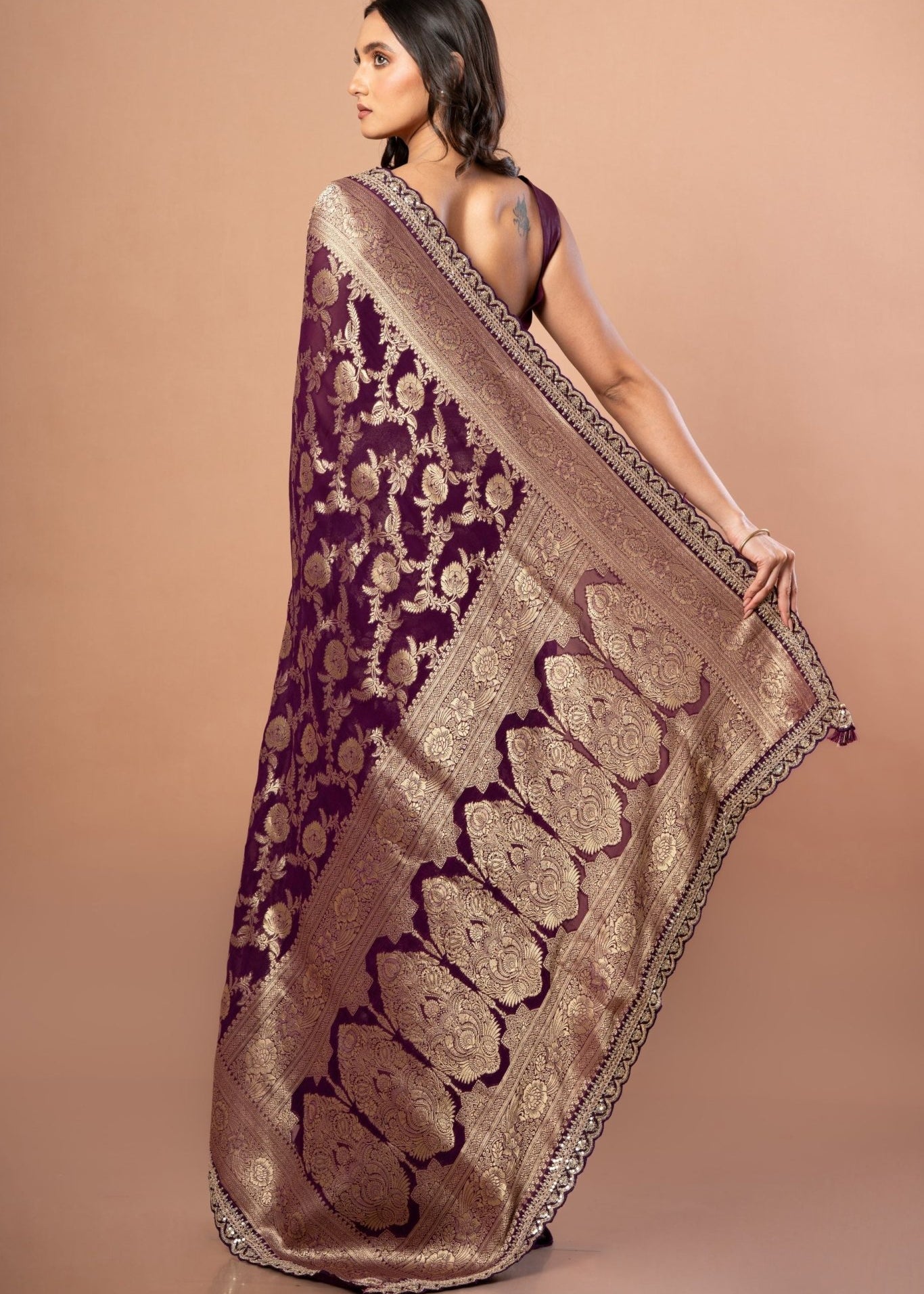 Purple Colour Khaddi Georgette Banarasi with Embroidered Border - Anvi Couture