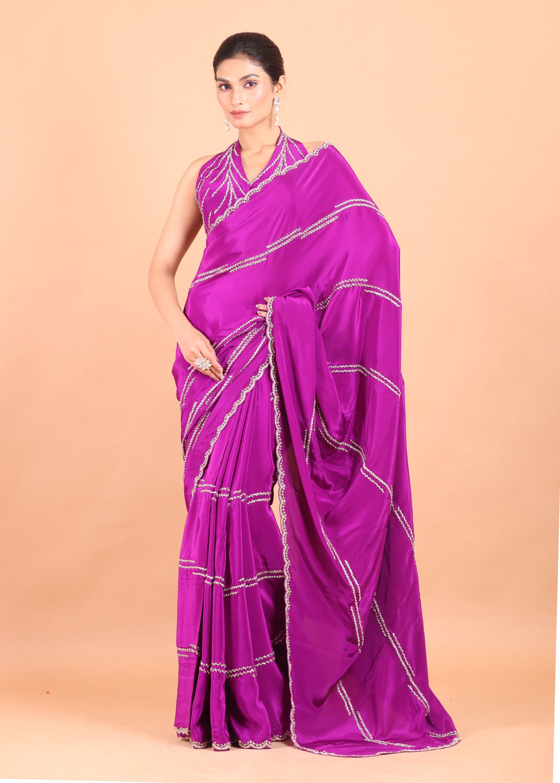 Purple Crepe Silk Saree With  silver cutdana and sequins handwork full