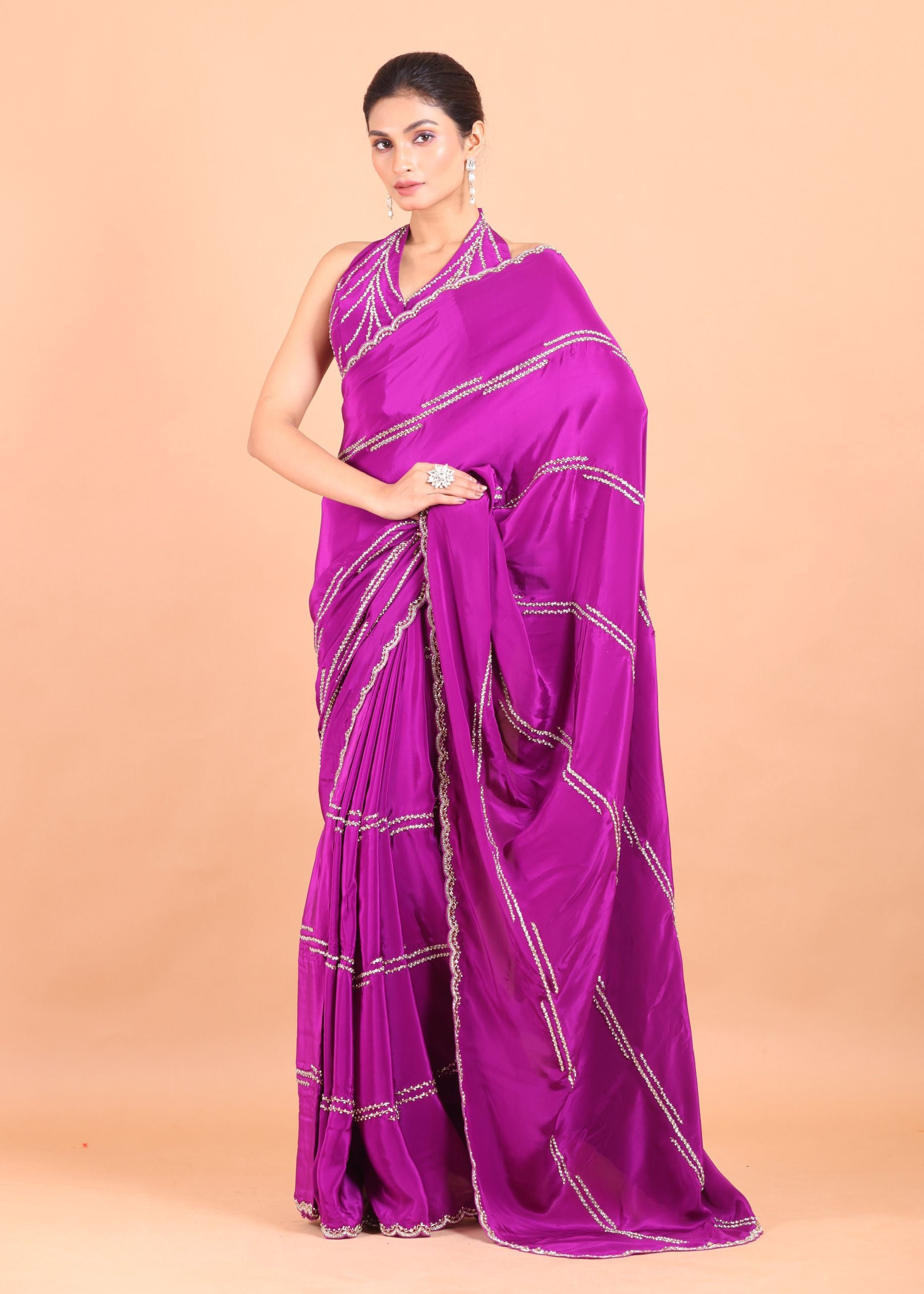 Purple Crepe Silk Saree With  silver cutdana and sequins handwork front