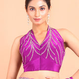 Purple Crepe Silk Saree With  silver cutdana and sequins handwork close up