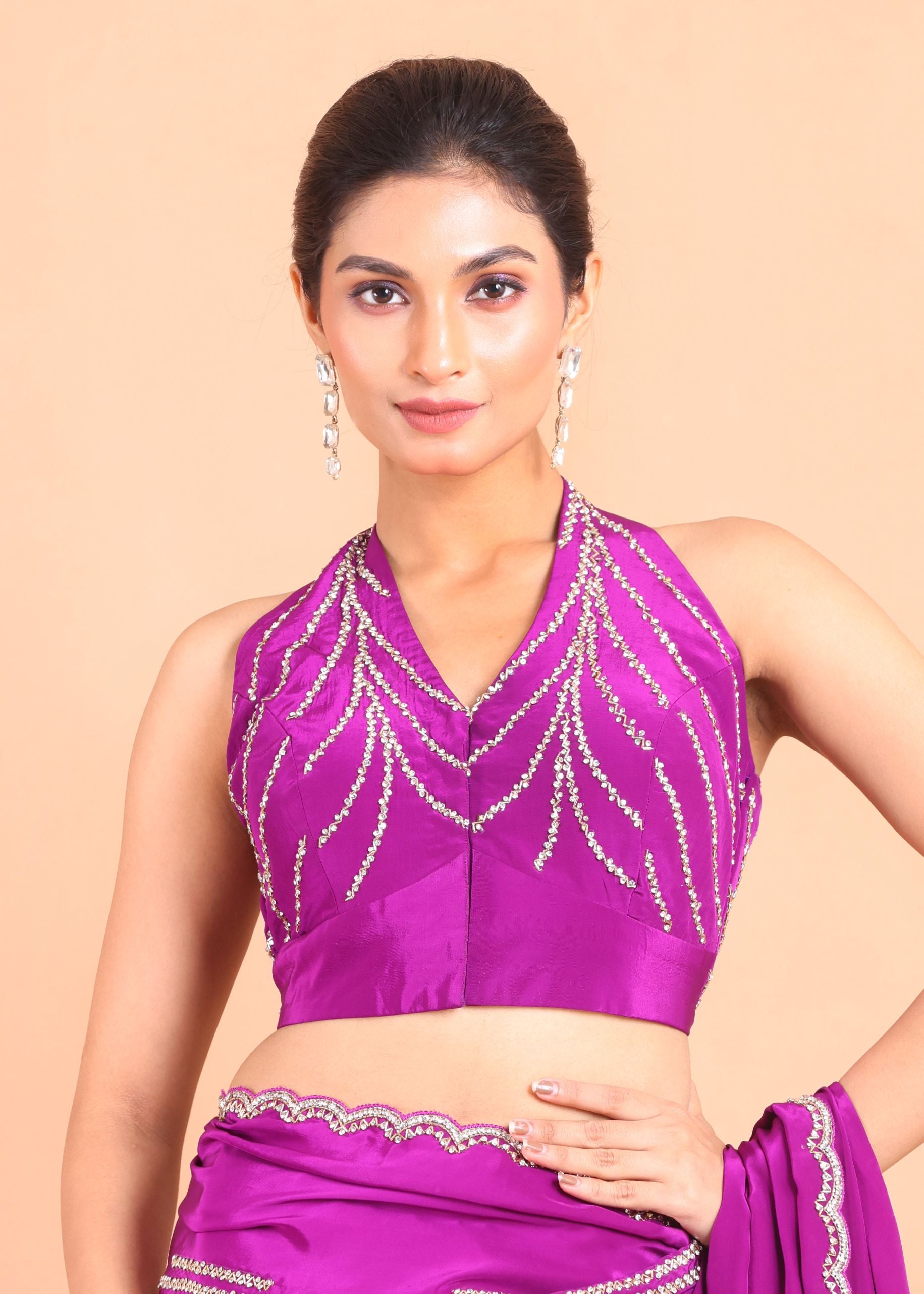 Purple Crepe Silk Saree With  silver cutdana and sequins handwork close up