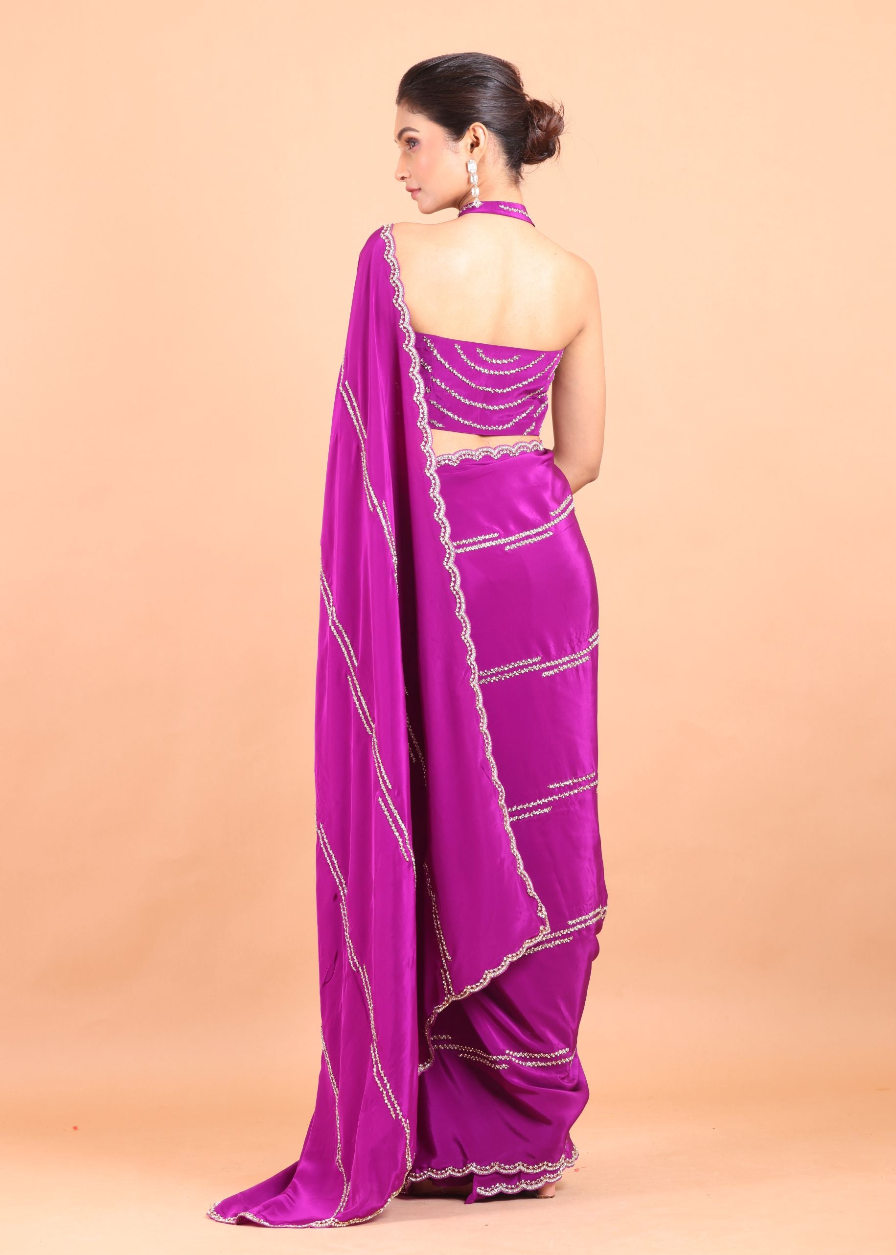 Purple Crepe Silk Saree With  silver cutdana and sequins handwork back