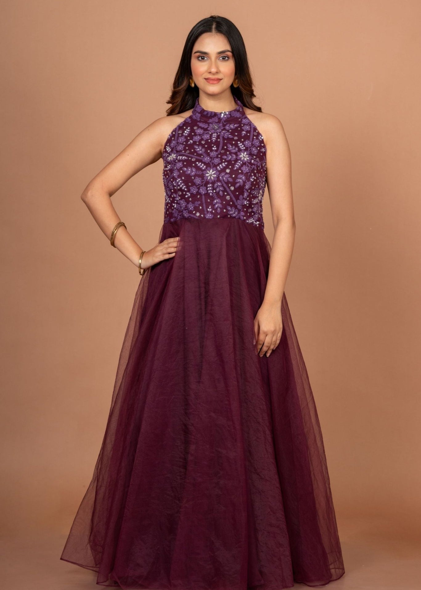Purple Designer Halter Neck Gown - Anvi Couture