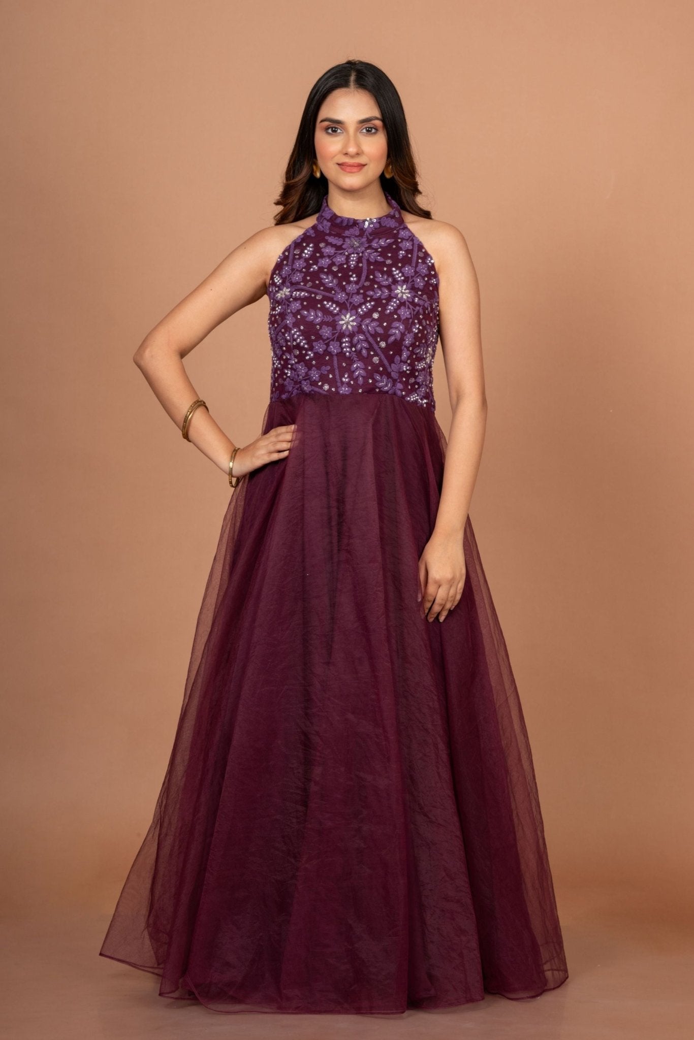 Buy Purple Designer Halter Neck Gown Online M