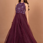 Purple Designer Halter Neck Gown Front
