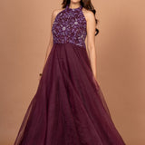 Purple Designer Halter Neck Gown Front
