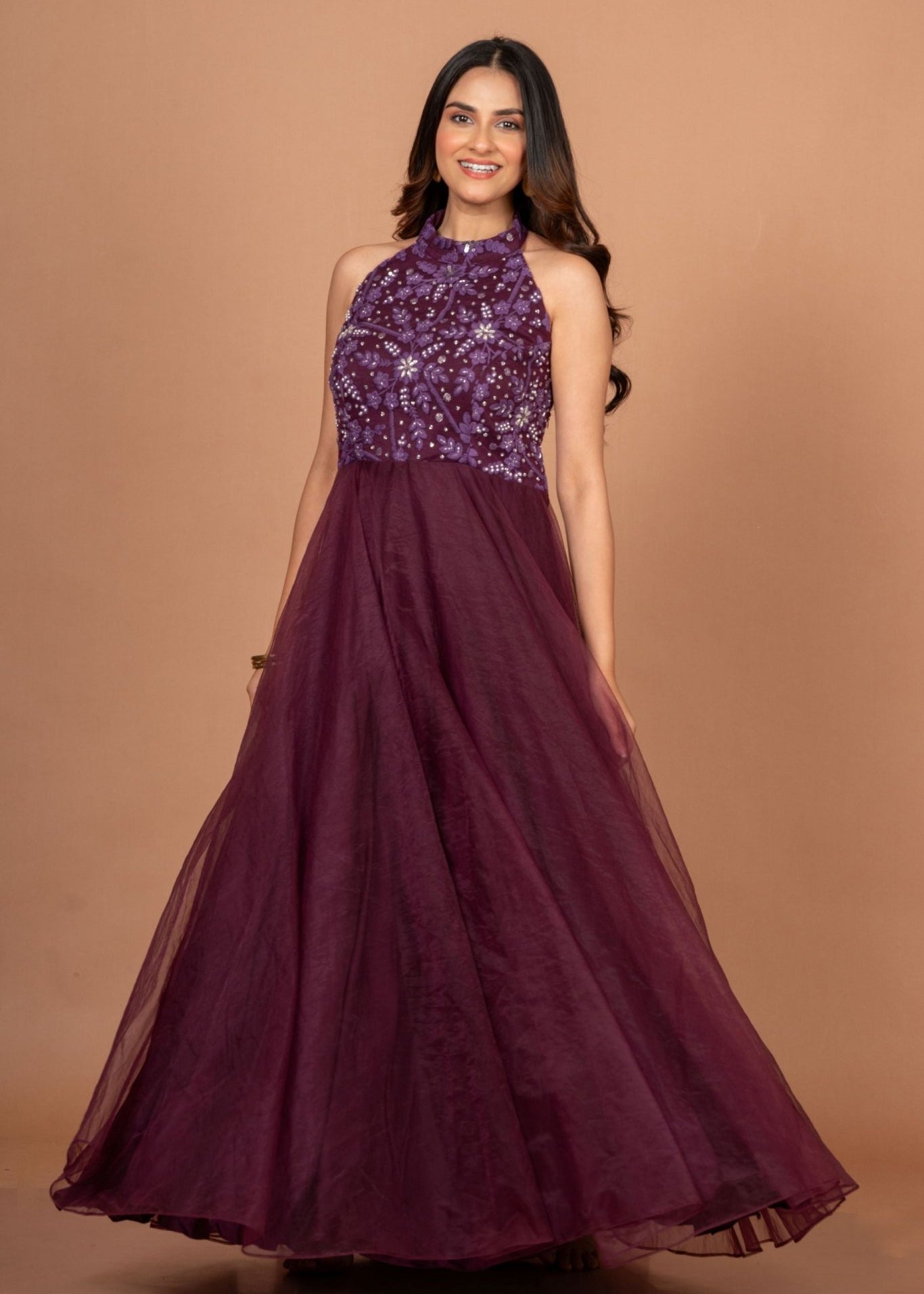 Purple Designer Halter Neck Gown - Anvi Couture