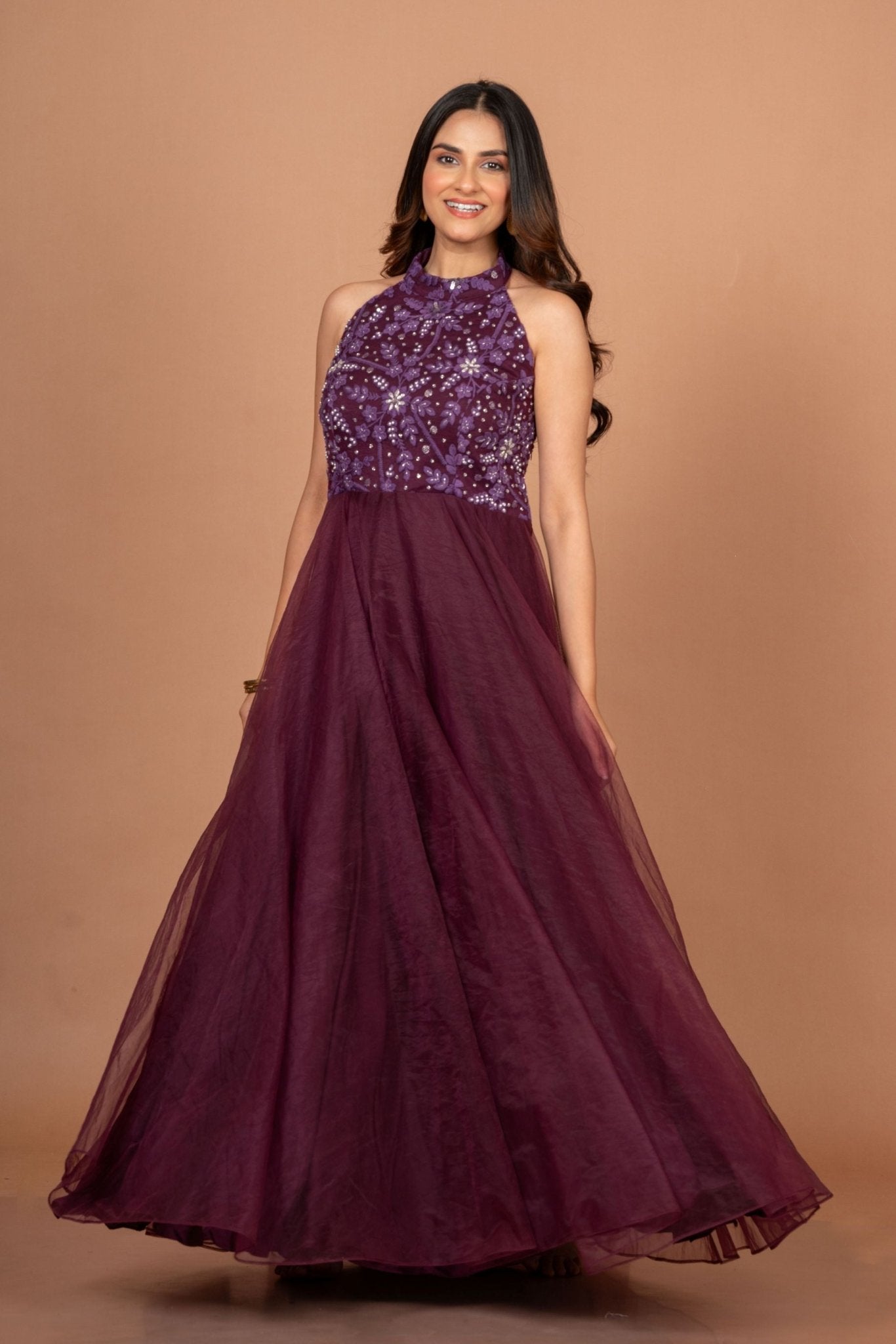 Purple Designer Halter Neck Gown - Anvi Couture