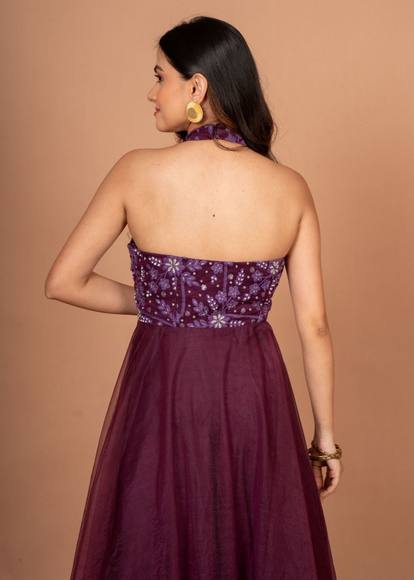 Purple Designer Halter Neck Gown - Anvi Couture