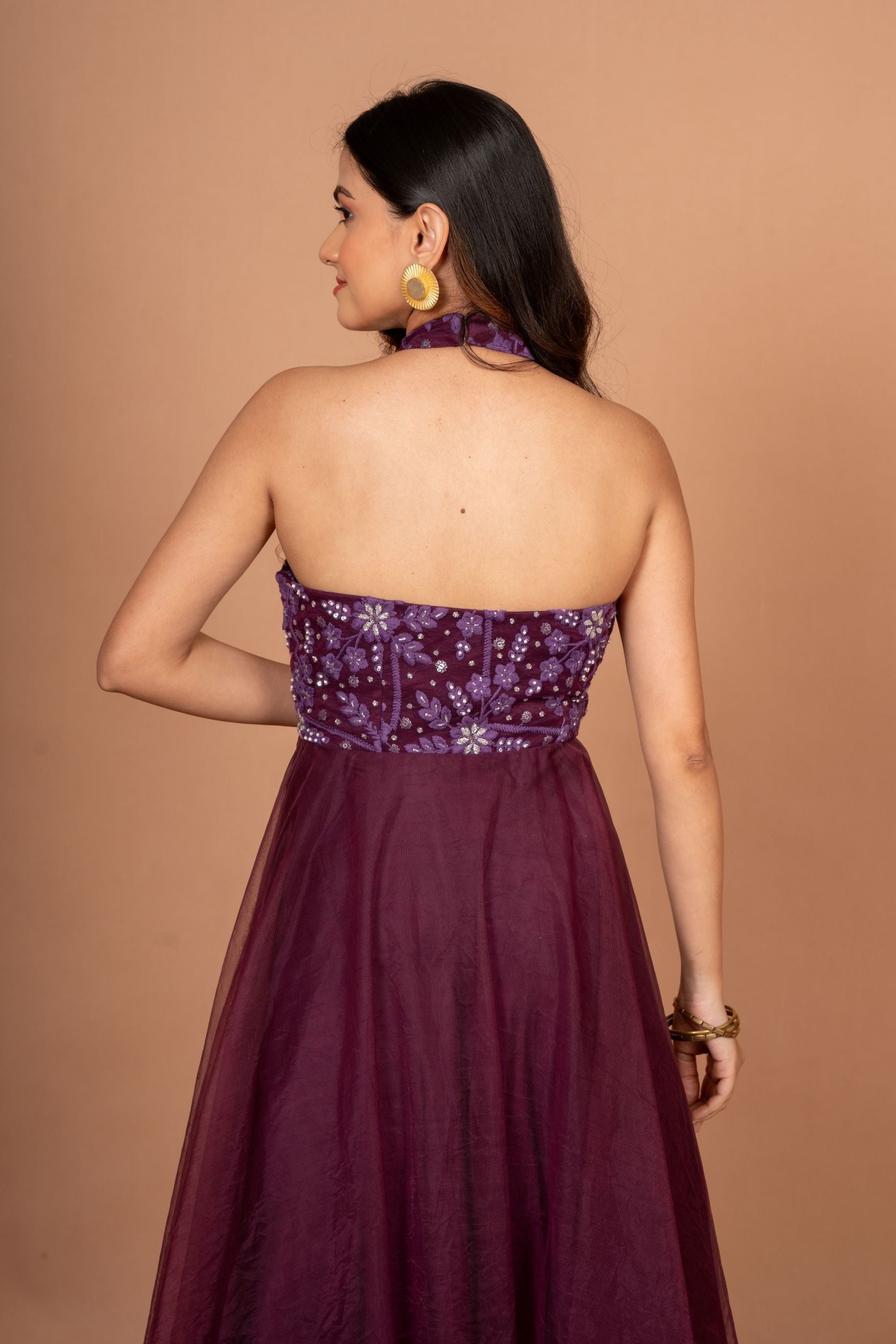 Purple Designer Halter Neck Gown Back
