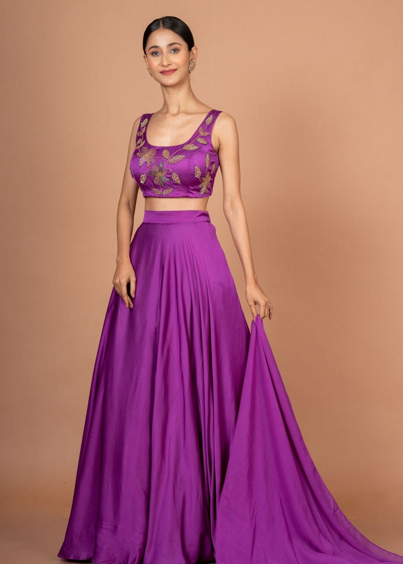Purple Designer Lehenga set in satin with Embroidered Work - Anvi Couture
