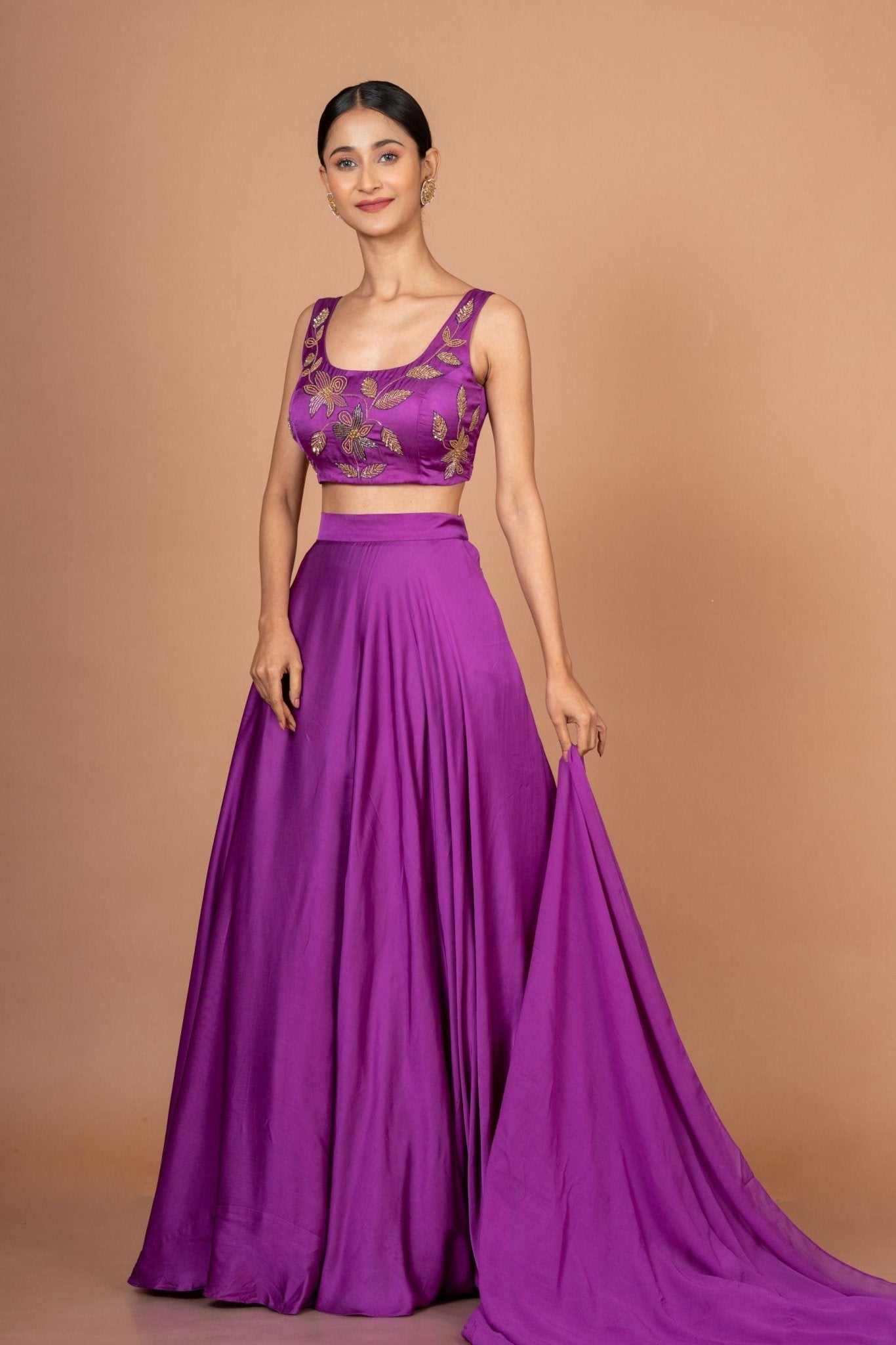 Purple Designer Lehenga set in satin with Embroidered Work - Anvi Couture