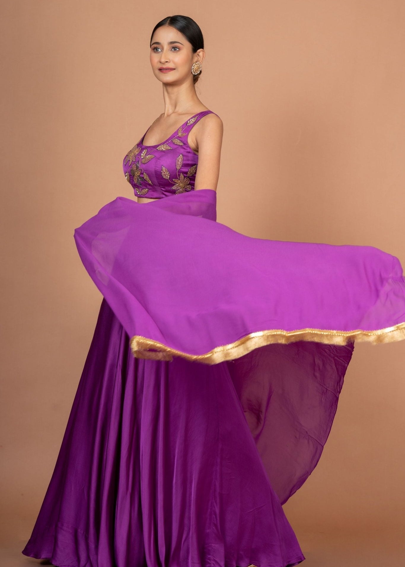 Purple Designer Lehenga set in satin with Embroidered Work - Anvi Couture