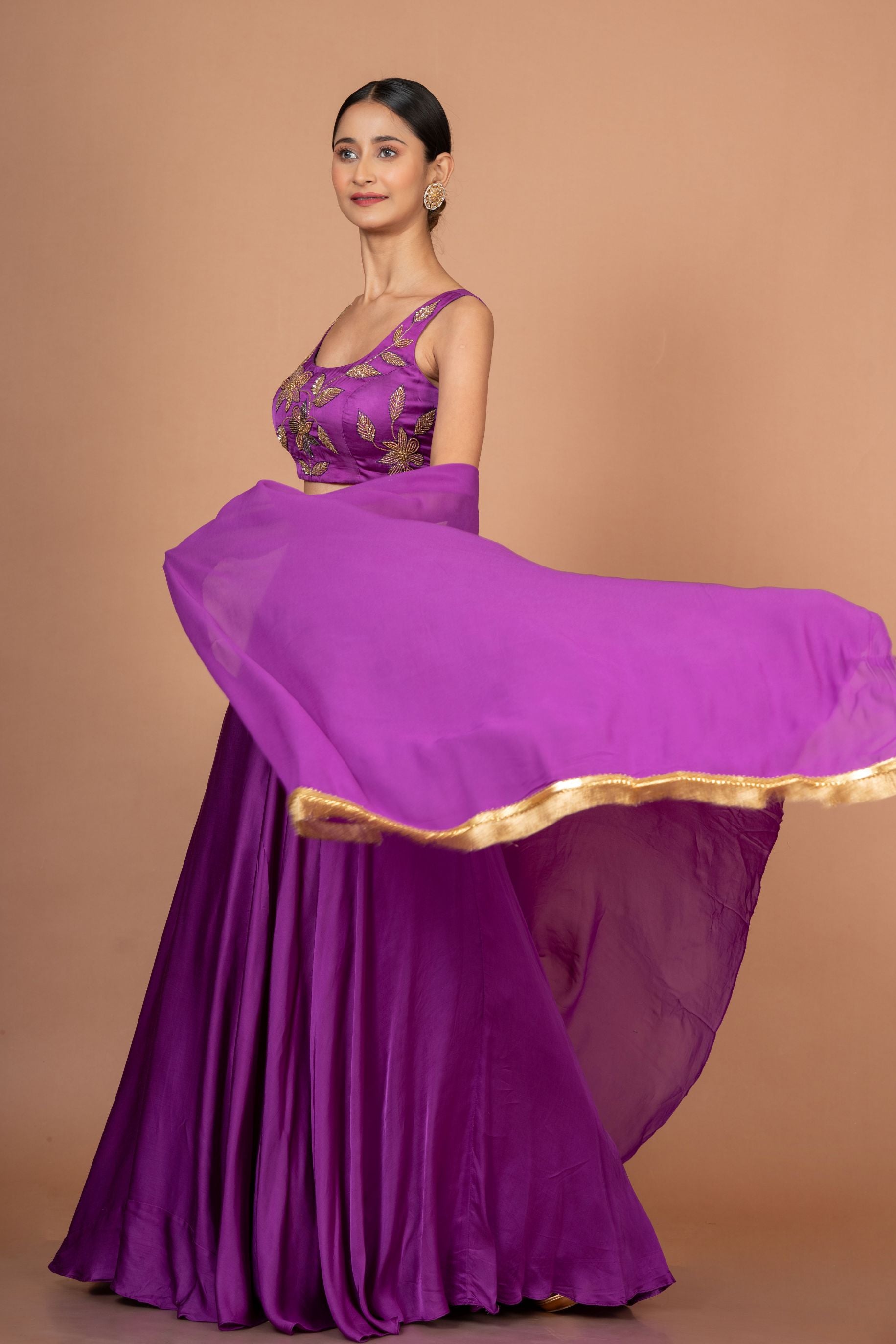 Purple Designer Lehenga set in satin with Embroidered Work Side