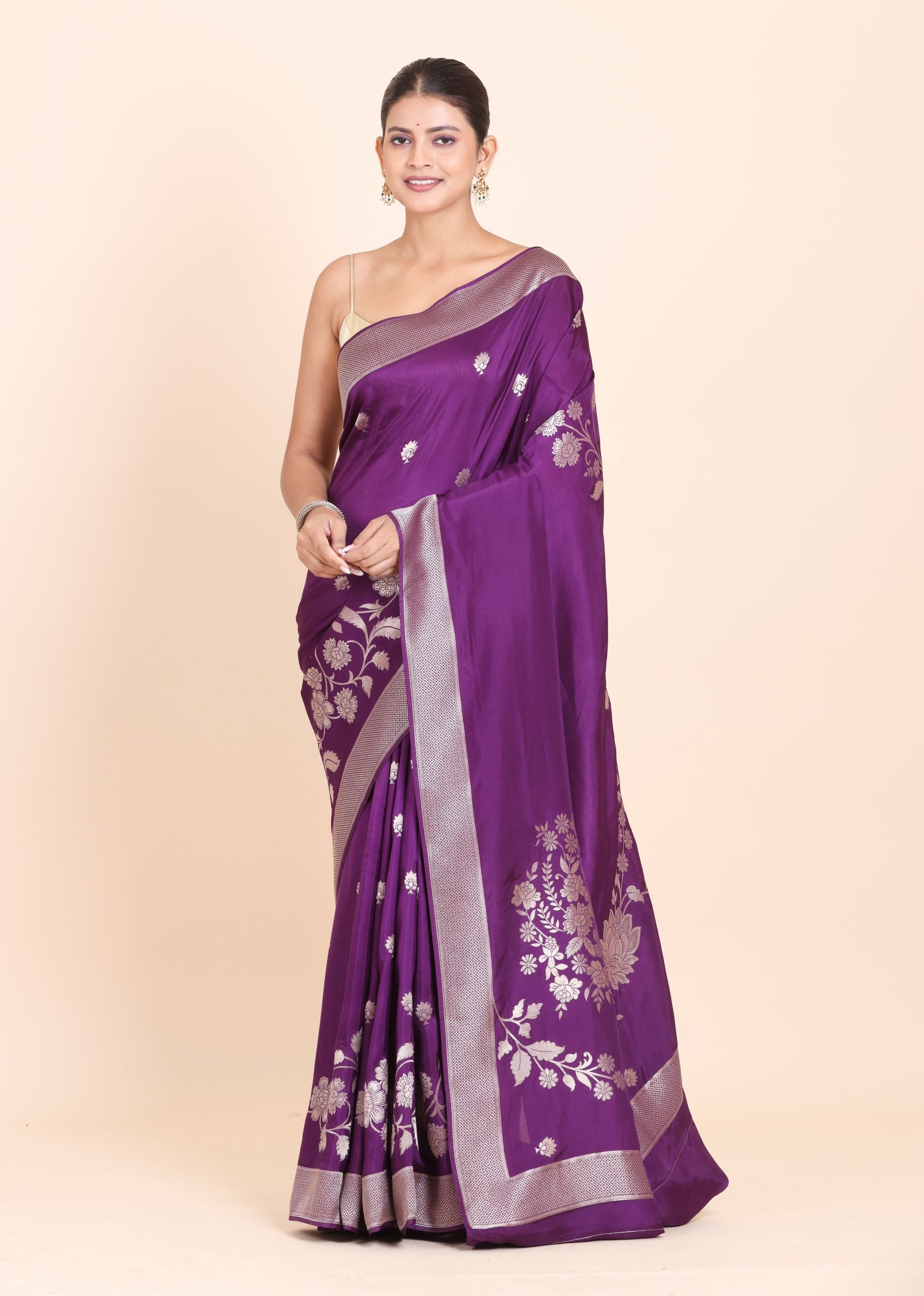 Purple Dola Silk Saree with Golden Floral Woven Embellishment Full