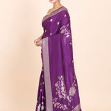 Purple Dola Silk Saree with Golden Floral Woven Embellishment Side
