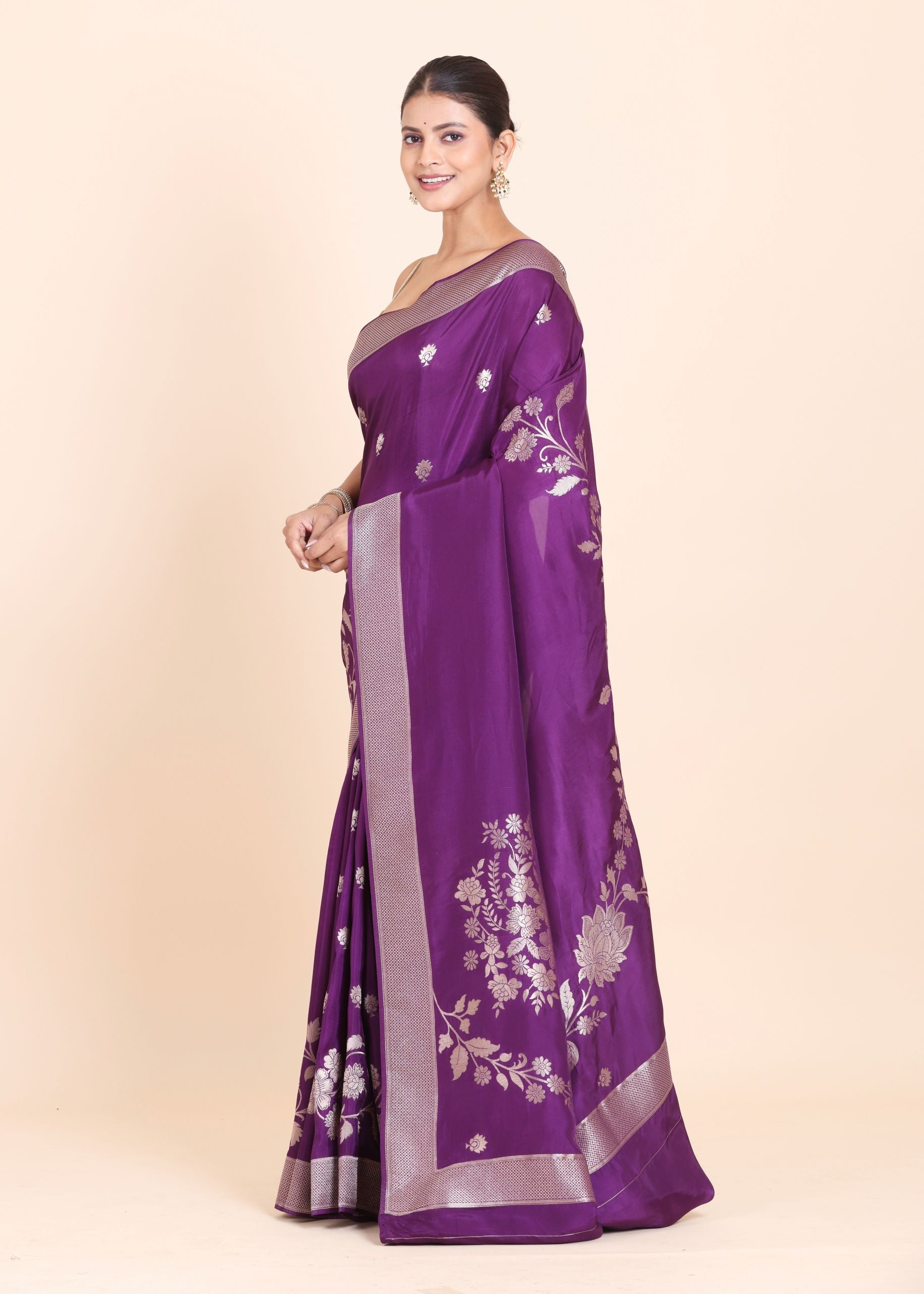 Purple Dola Silk Saree with Golden Floral Woven Embellishment Side