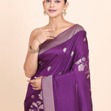 Purple Dola Silk Saree with Golden Floral Woven Embellishment Close Up
