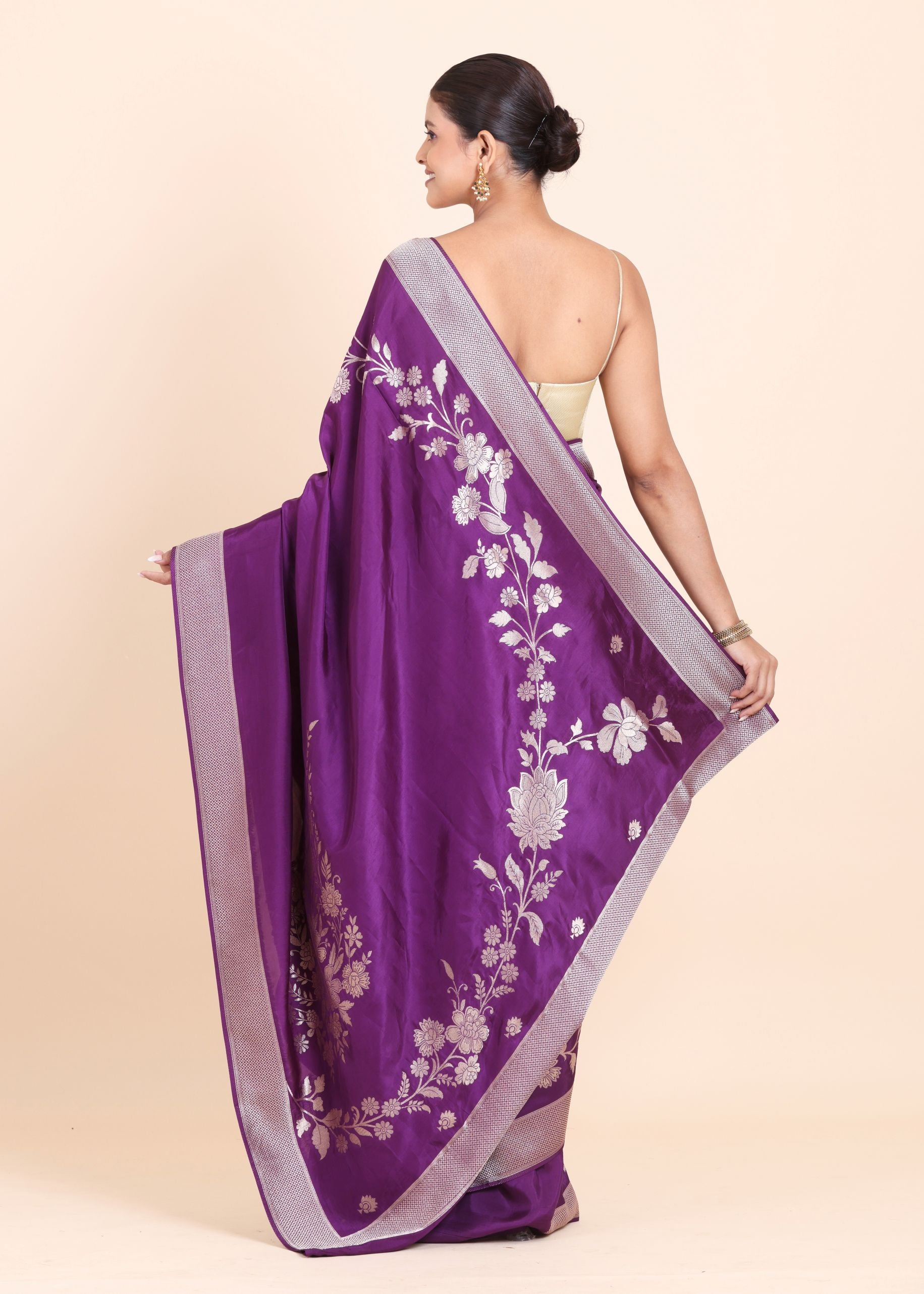 Purple Dola Silk Saree with Golden Floral Woven Embellishment Back