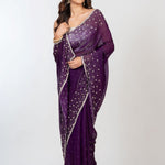 Purple Embroidered  Designer Saree with Swarovski Work Front
