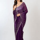 Purple Embroidered  Designer Saree with Swarovski Work Front